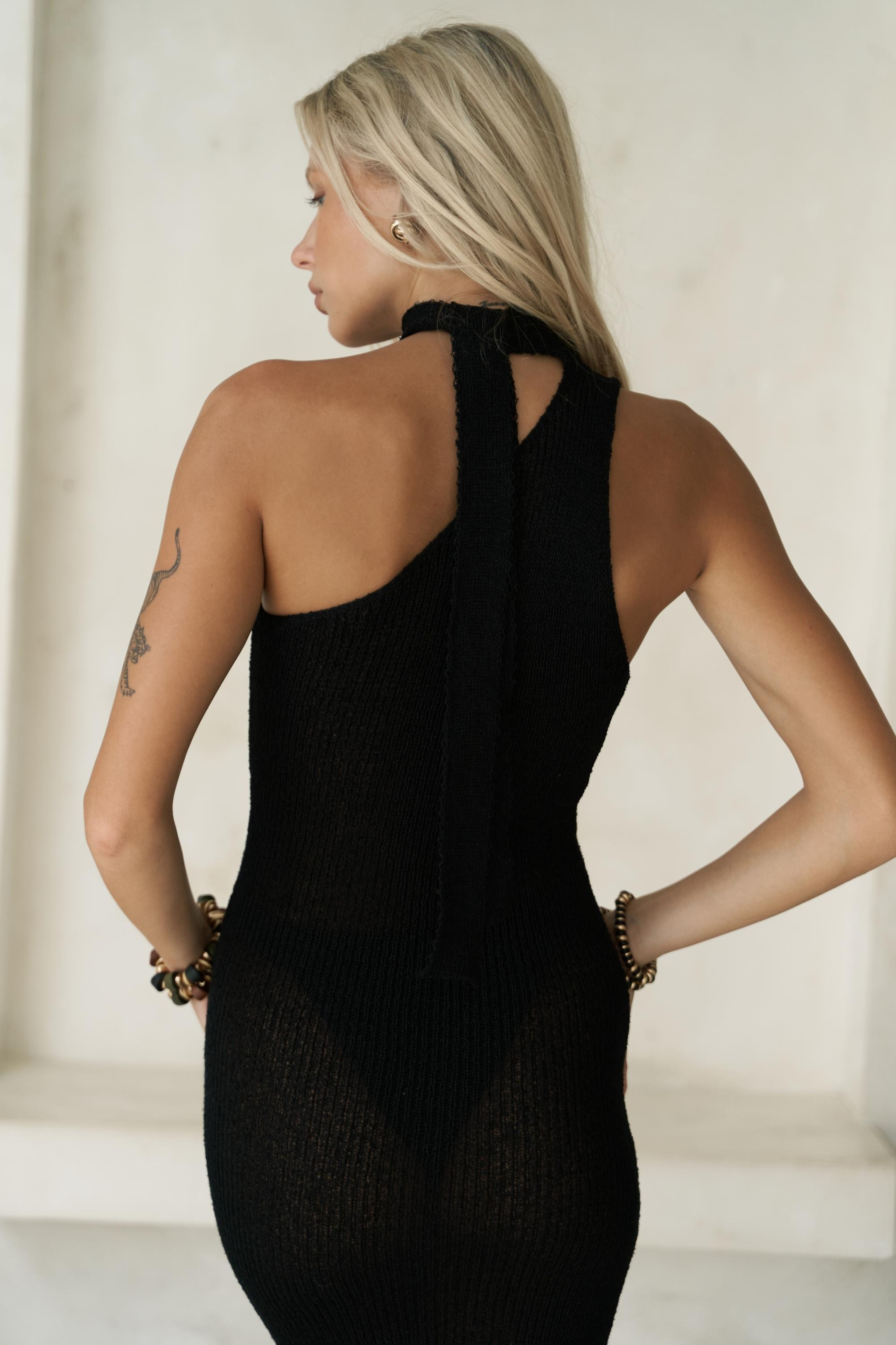 Kamalas Asimetrik Triko Siyah Uzun Elbise