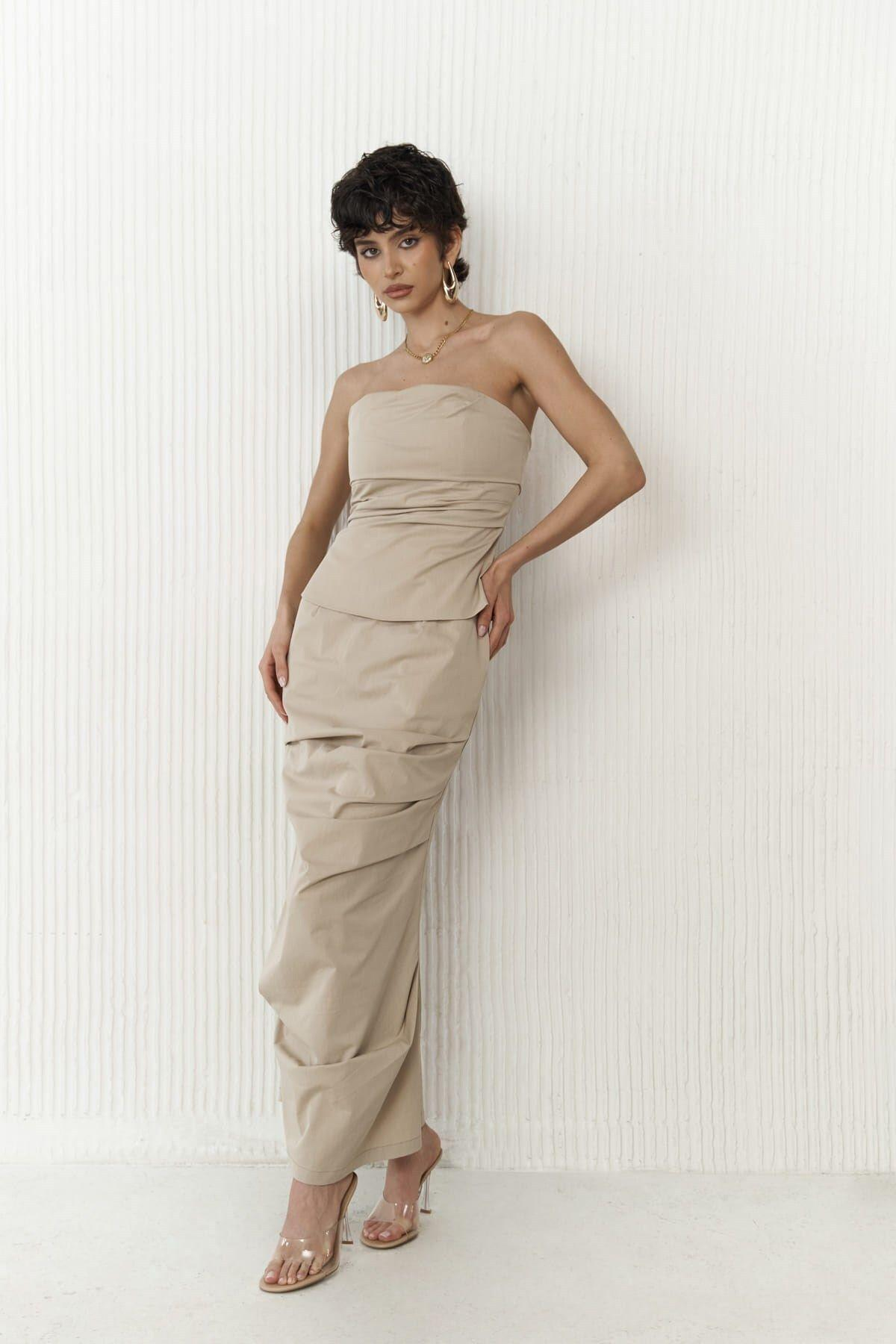 Kamelya Beige Crop&Skirt Set