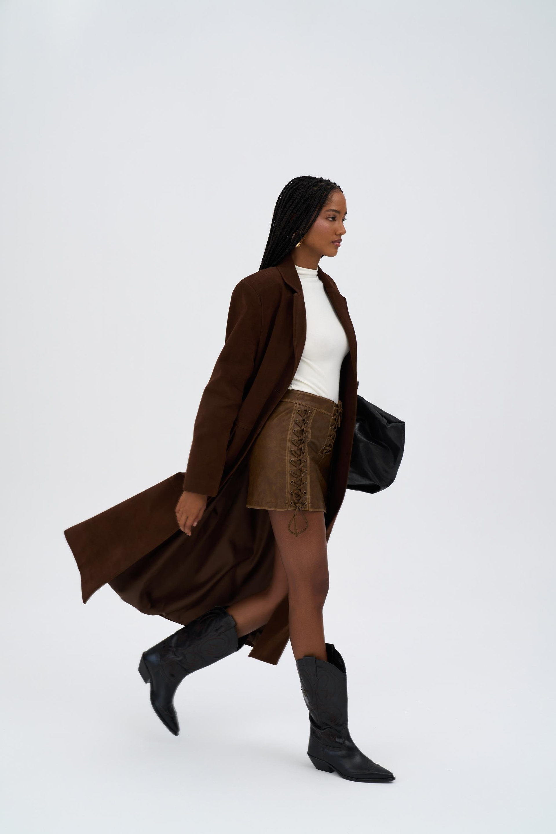 Kason Taba İp Detaylı Suni Deri Mini Etek