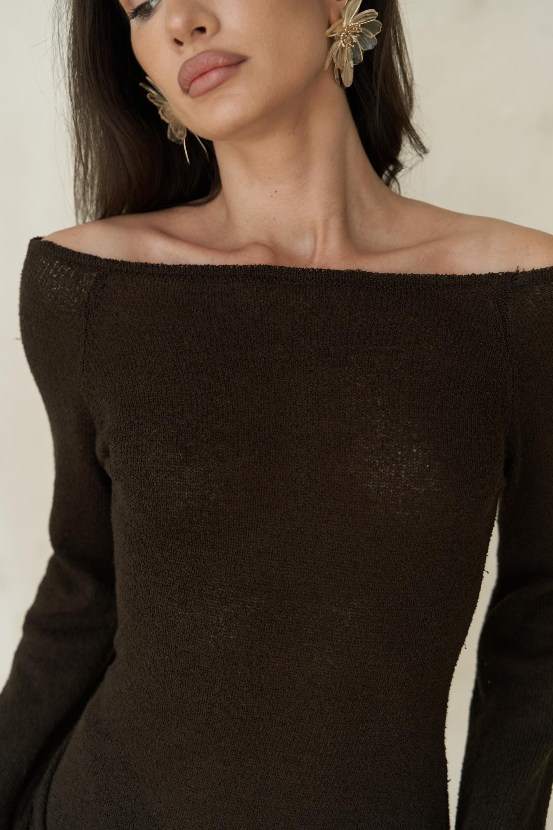 Kawanas Kayık Yaka Bağlamalı Kahve Elbise