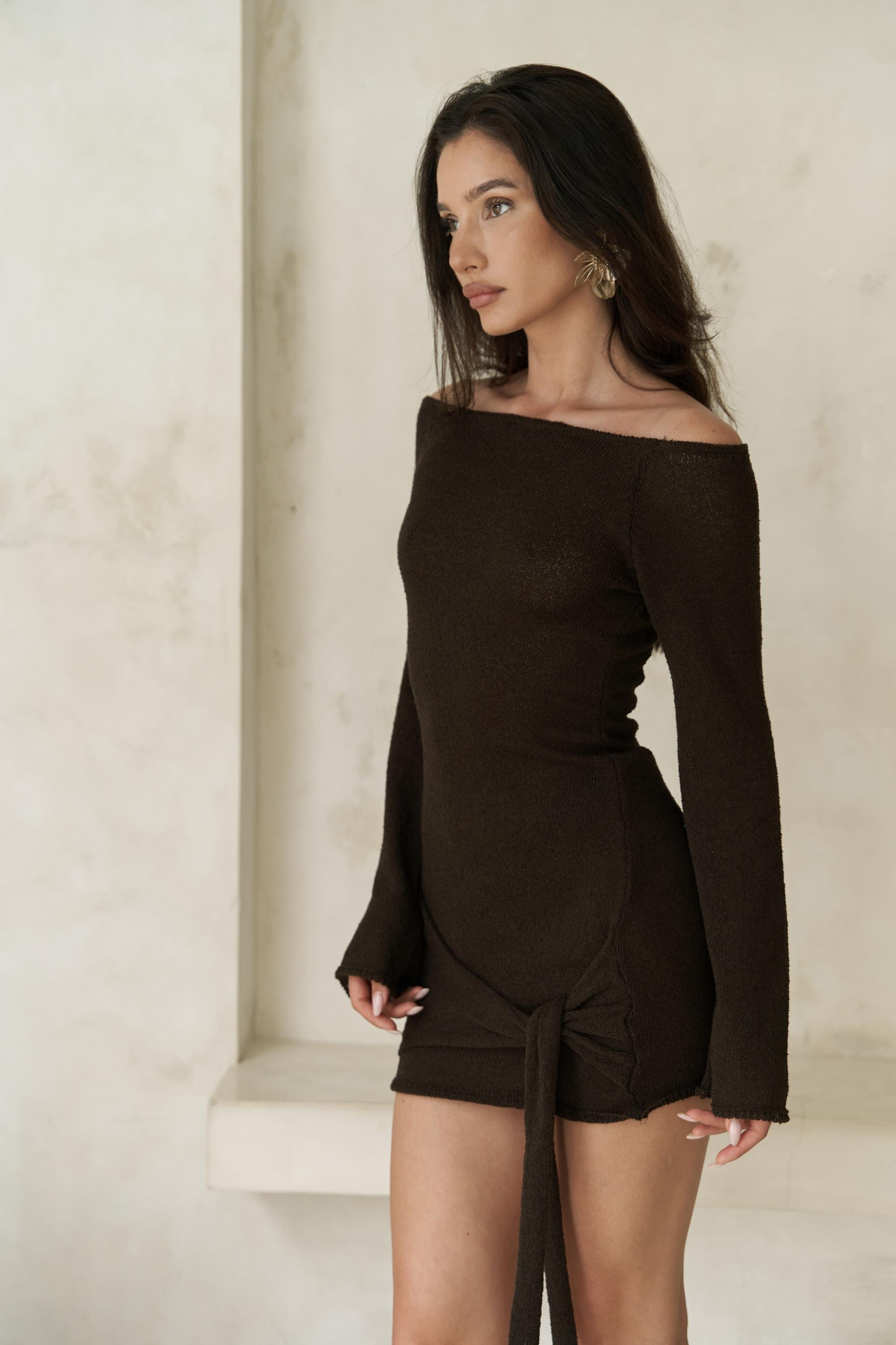 Kawanas Kayık Yaka Bağlamalı Kahve Elbise