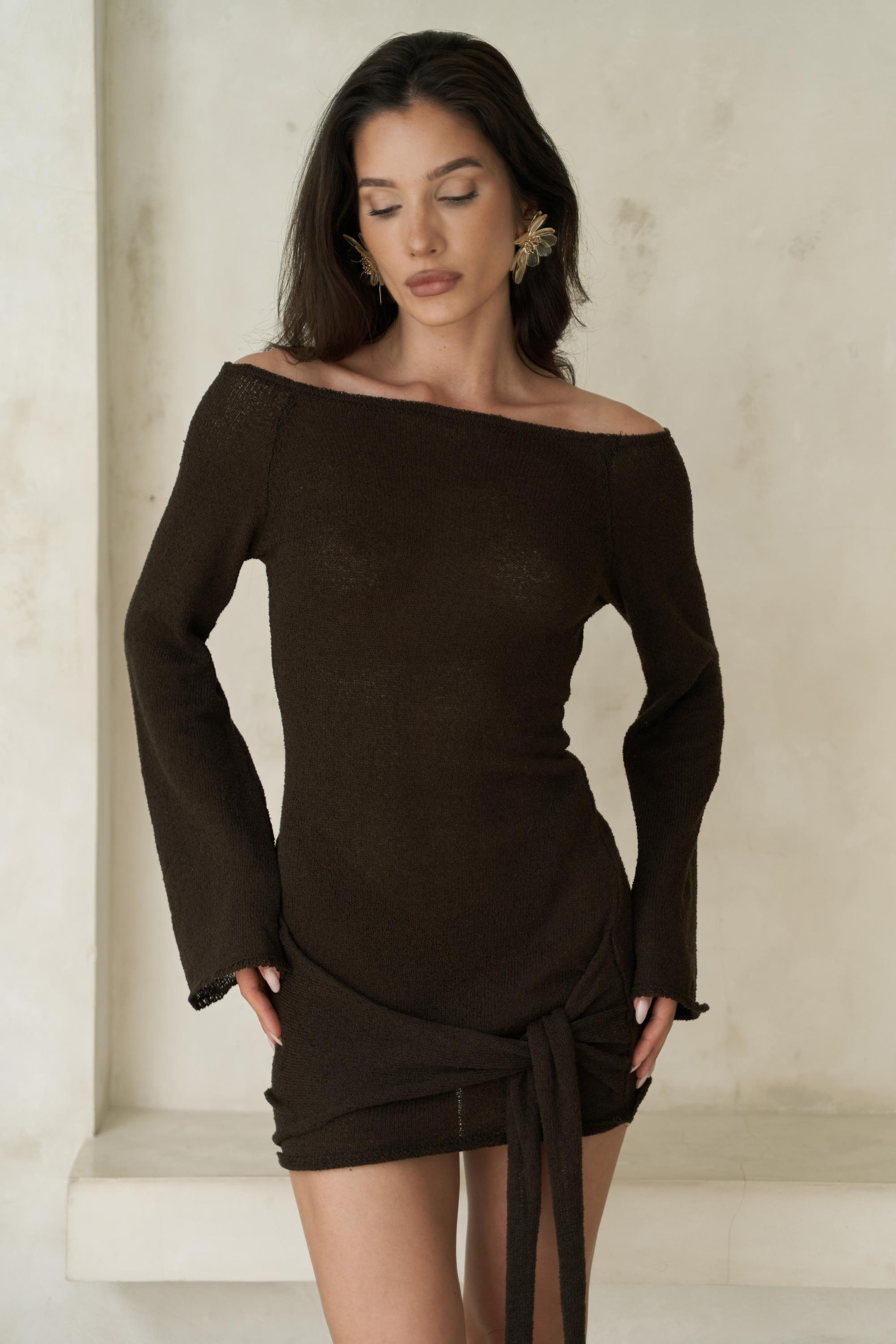 Kawanas Kayık Yaka Bağlamalı Kahve Elbise