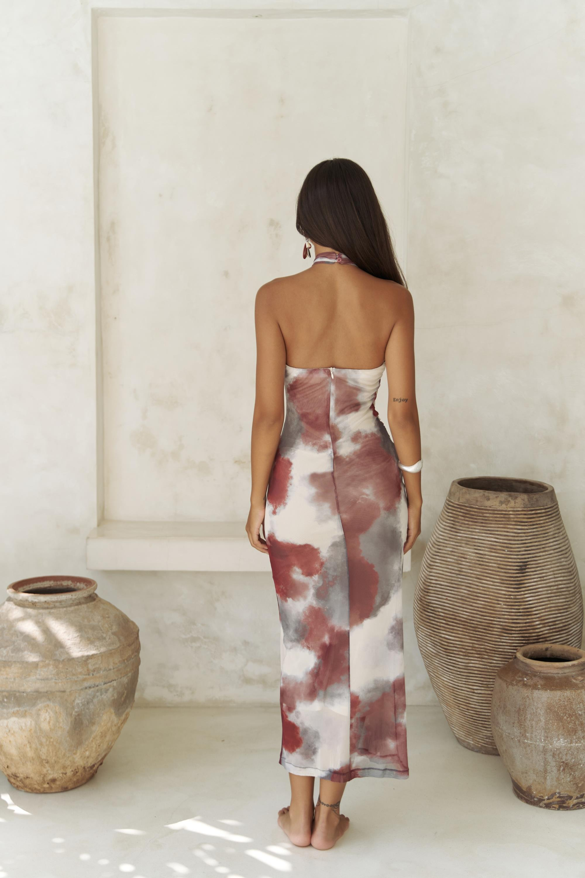 Keefnes Kruvaze Bordo Uzun Elbise