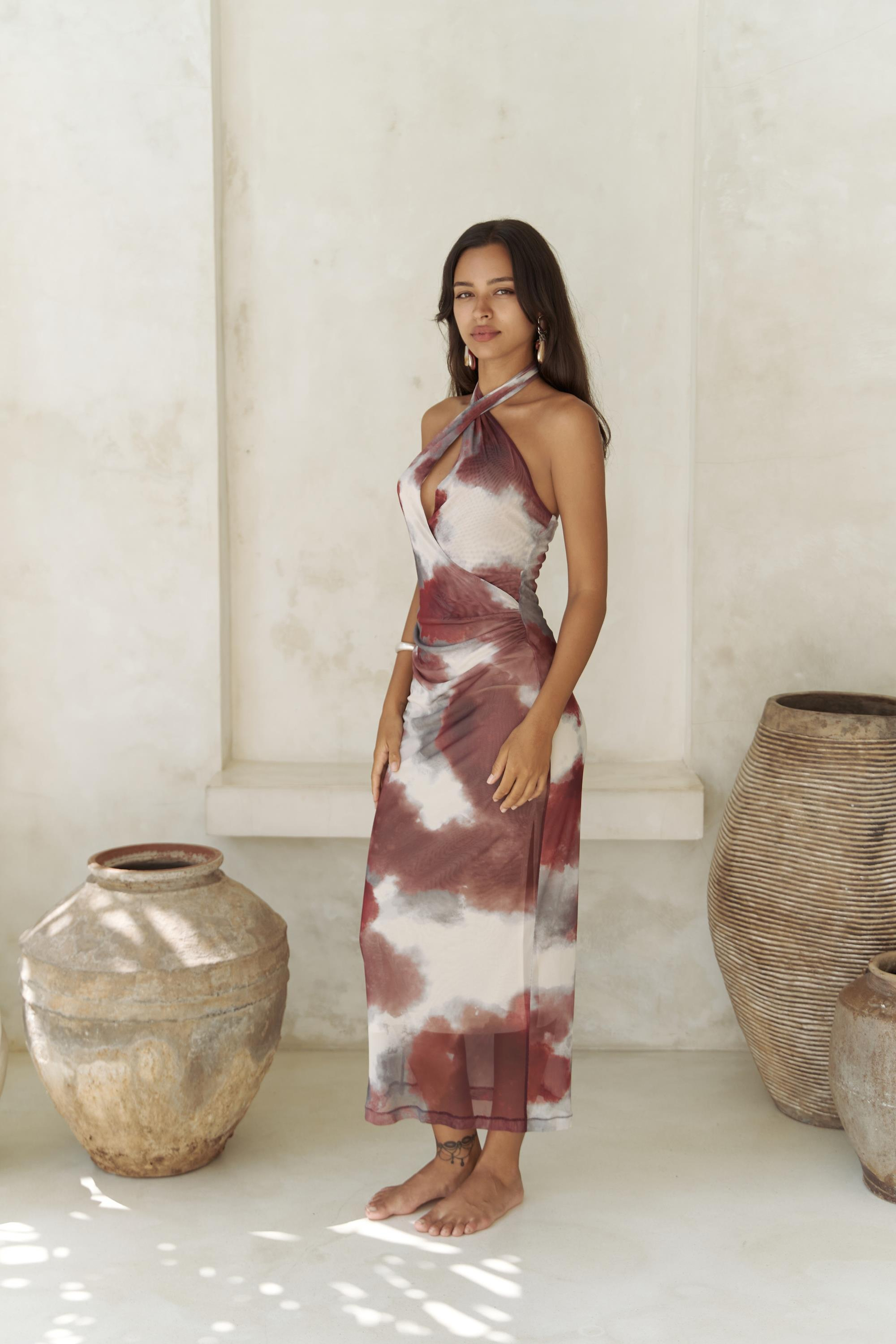 Keefnes Kruvaze Bordo Uzun Elbise