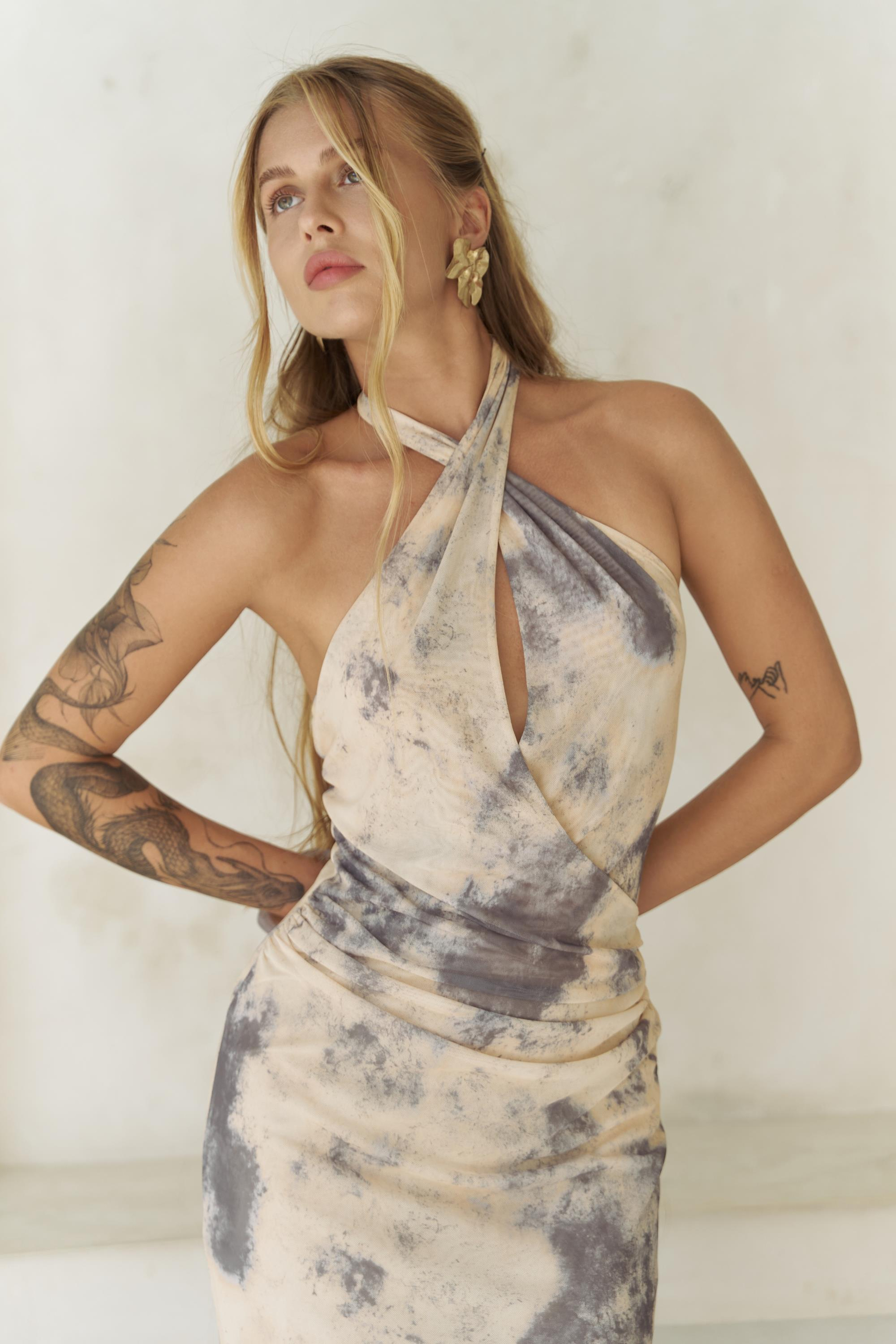 Keefnes Kruvaze Sarı Uzun Elbise