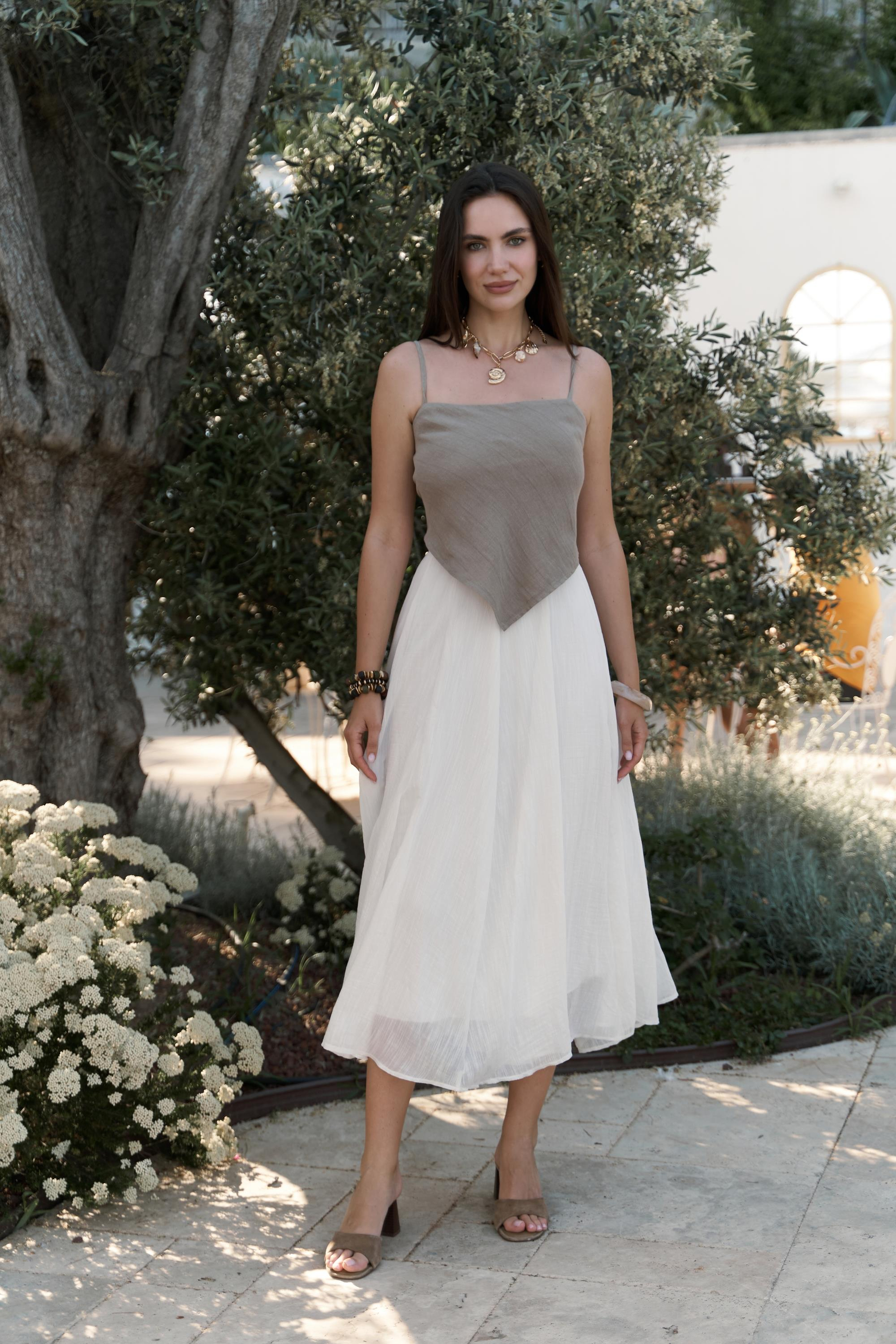 Kita Üçgen Detay Çizgili Haki Keten Crop