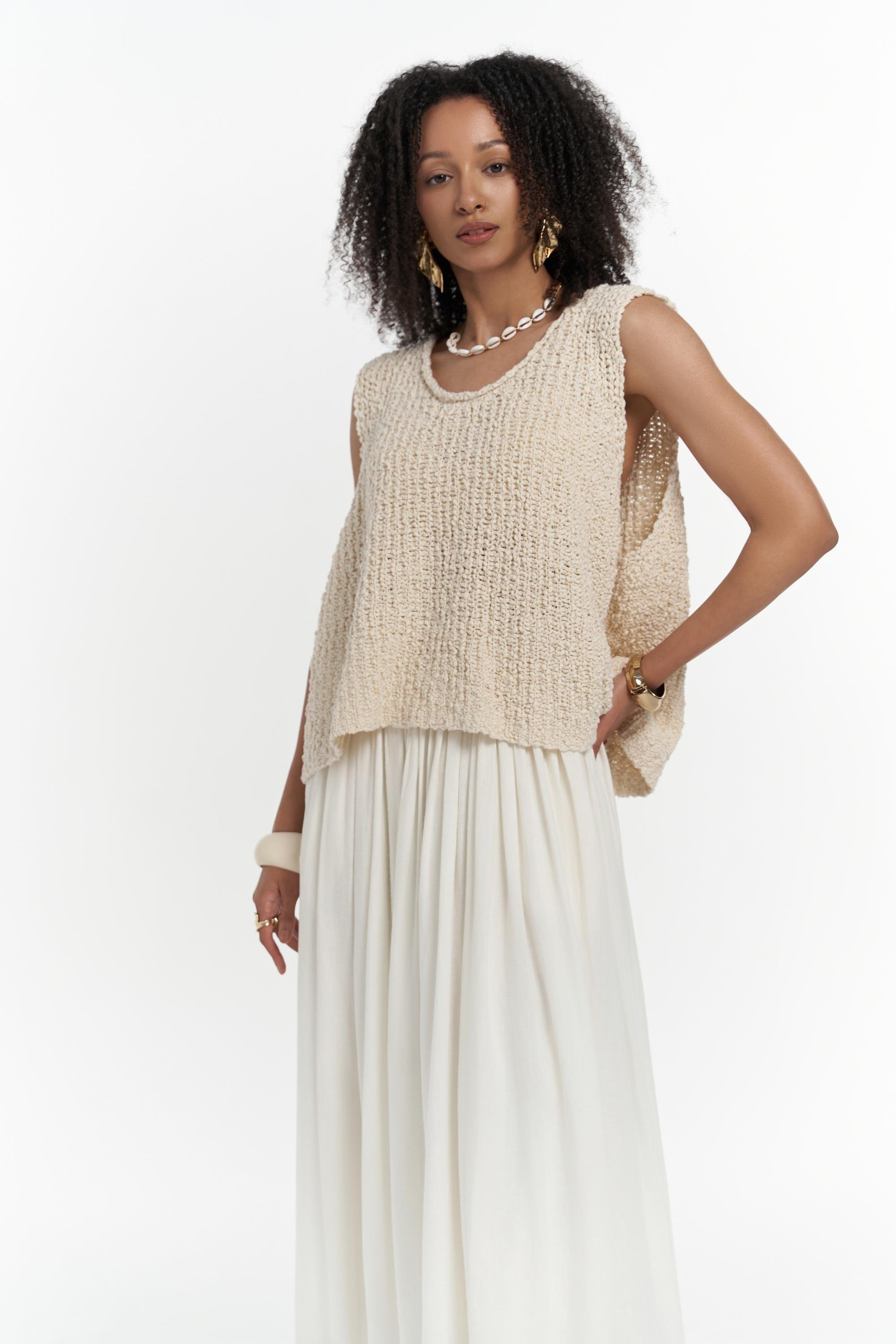 Knitle Rahat Kalıp Triko Bej Crop