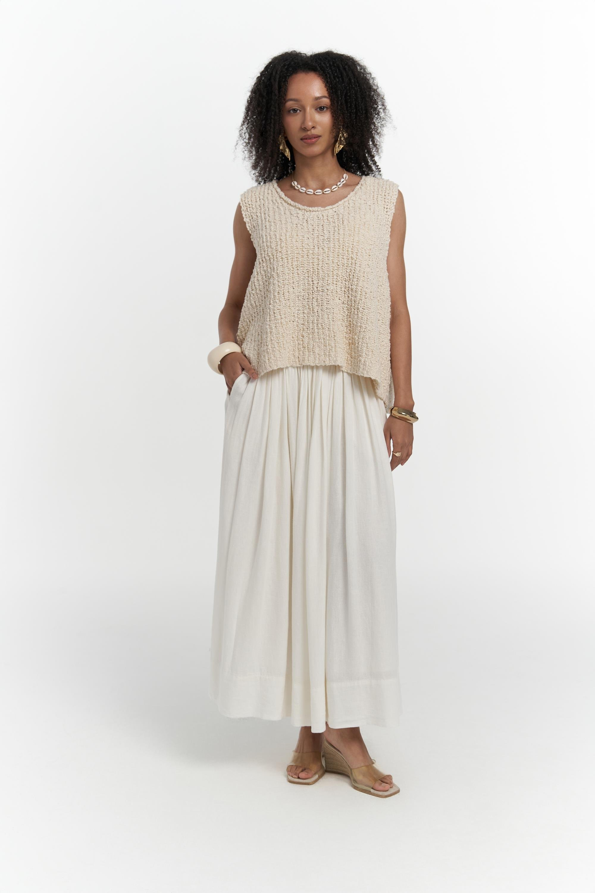 Knitle Rahat Kalıp Triko Bej Crop