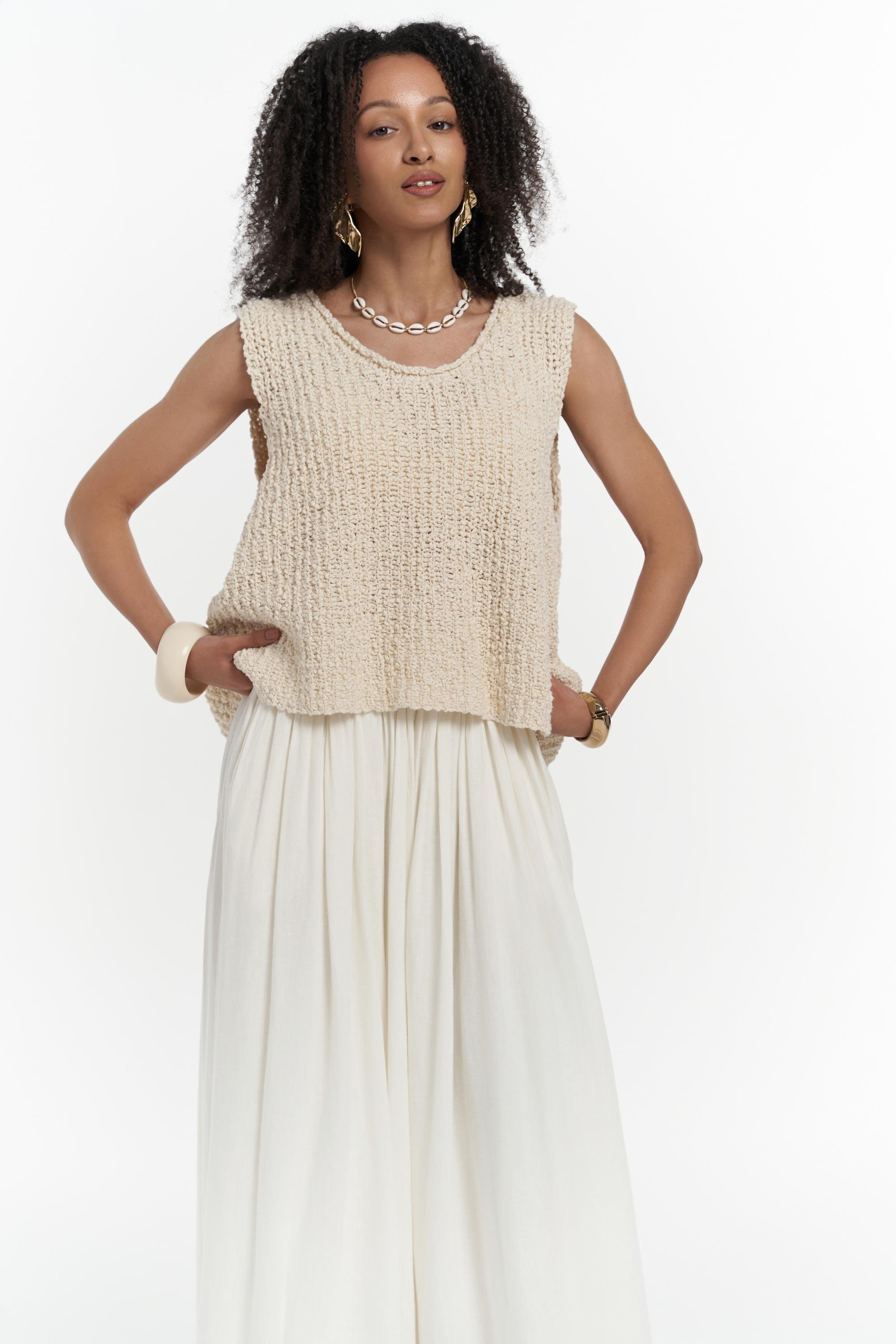 Knitle Rahat Kalıp Triko Bej Crop