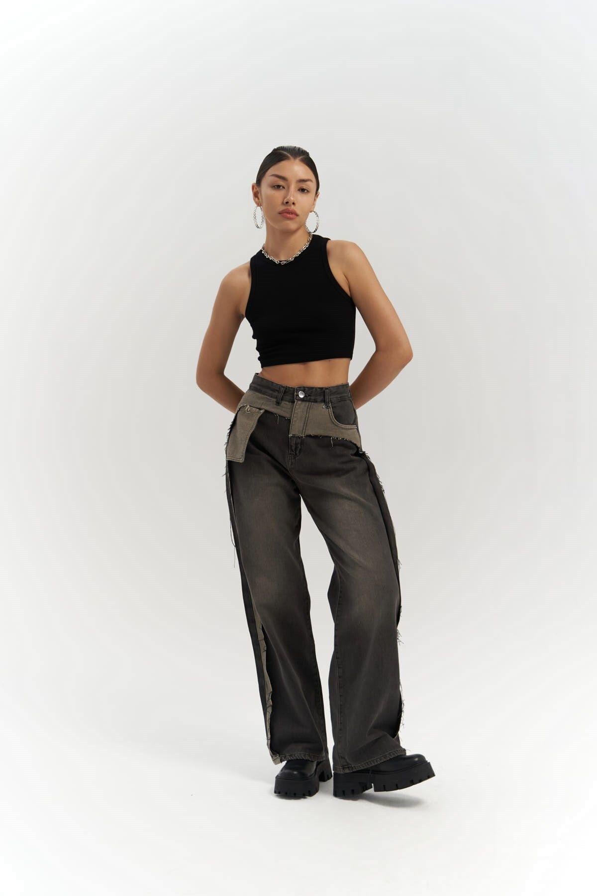 Kristen Yırtık Detaylı Füme Jean Pantolon