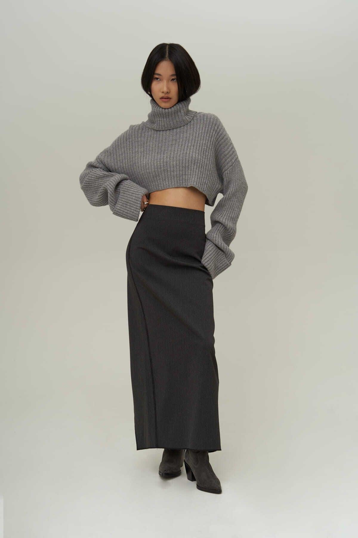 Mai Collection Laden Anthracite Midi Pencil Skirt