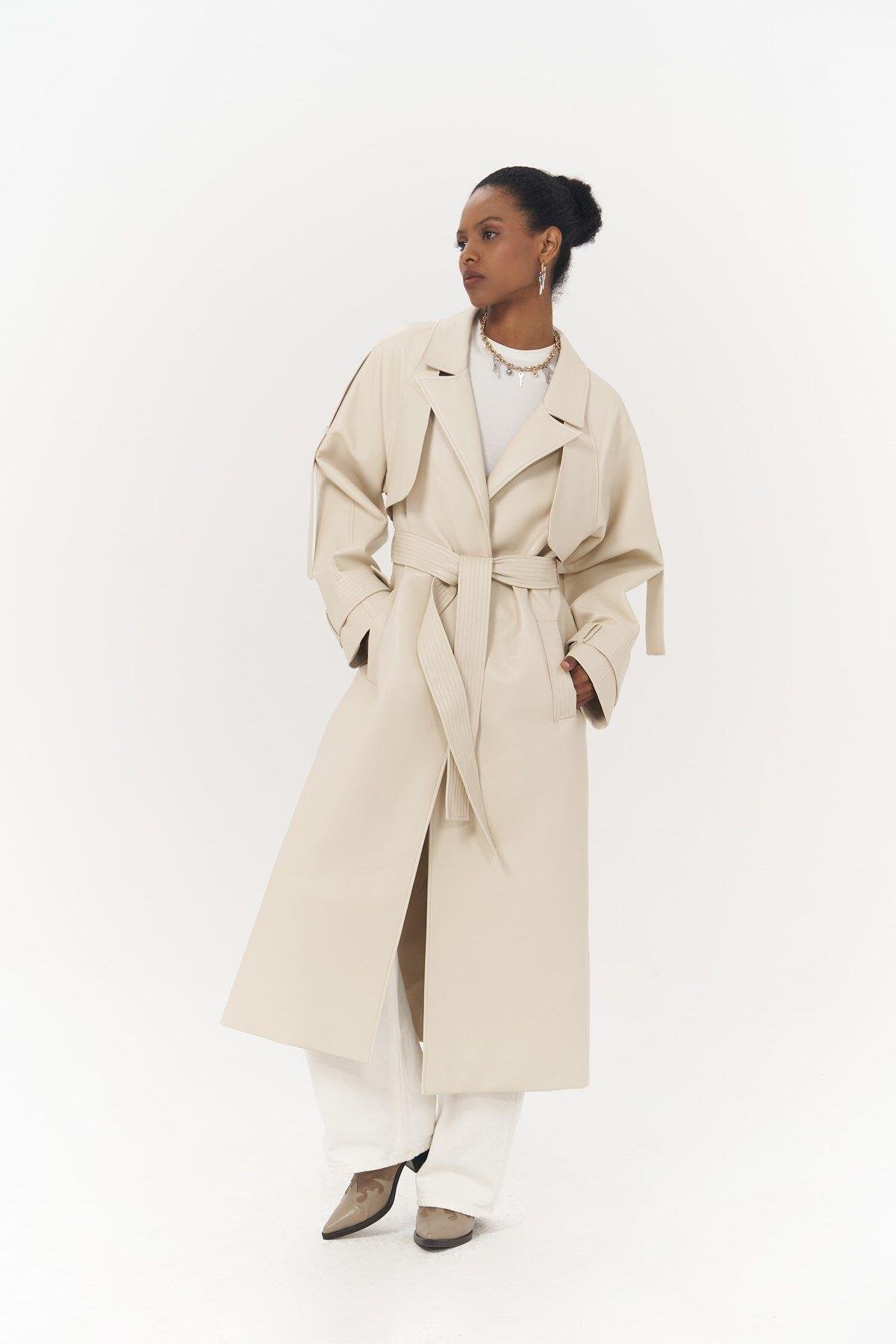 Mai Layton Light Beige Leather Trench Coat