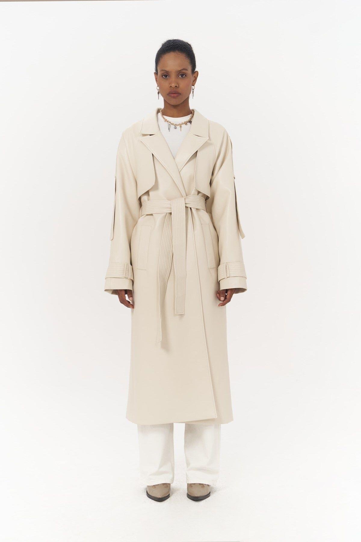 Mai Layton Light Beige Leather Trench Coat
