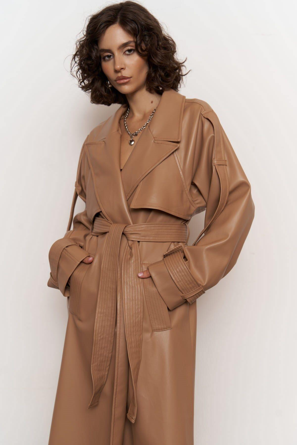 Mai Layton Light Brown Leather Trench Coat