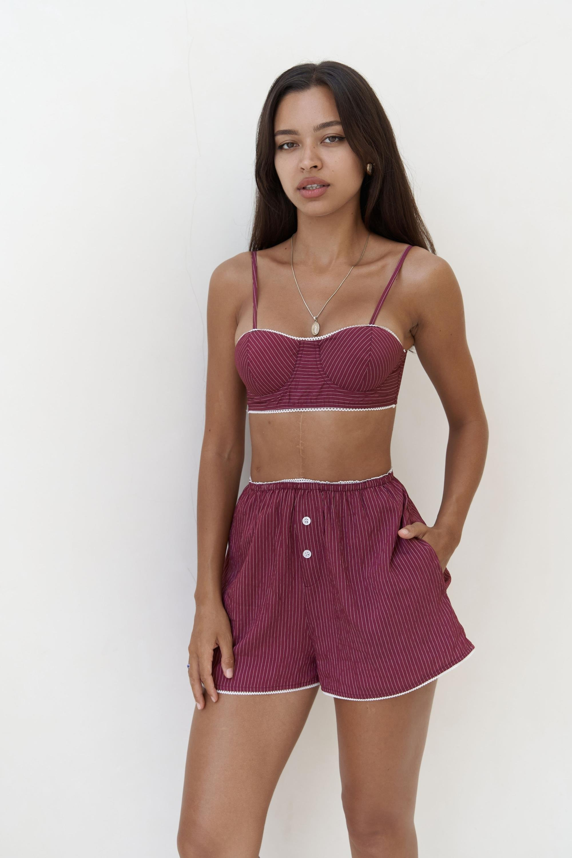 Leda Dantel Detay Şortlu Bordo Üçlü Takım