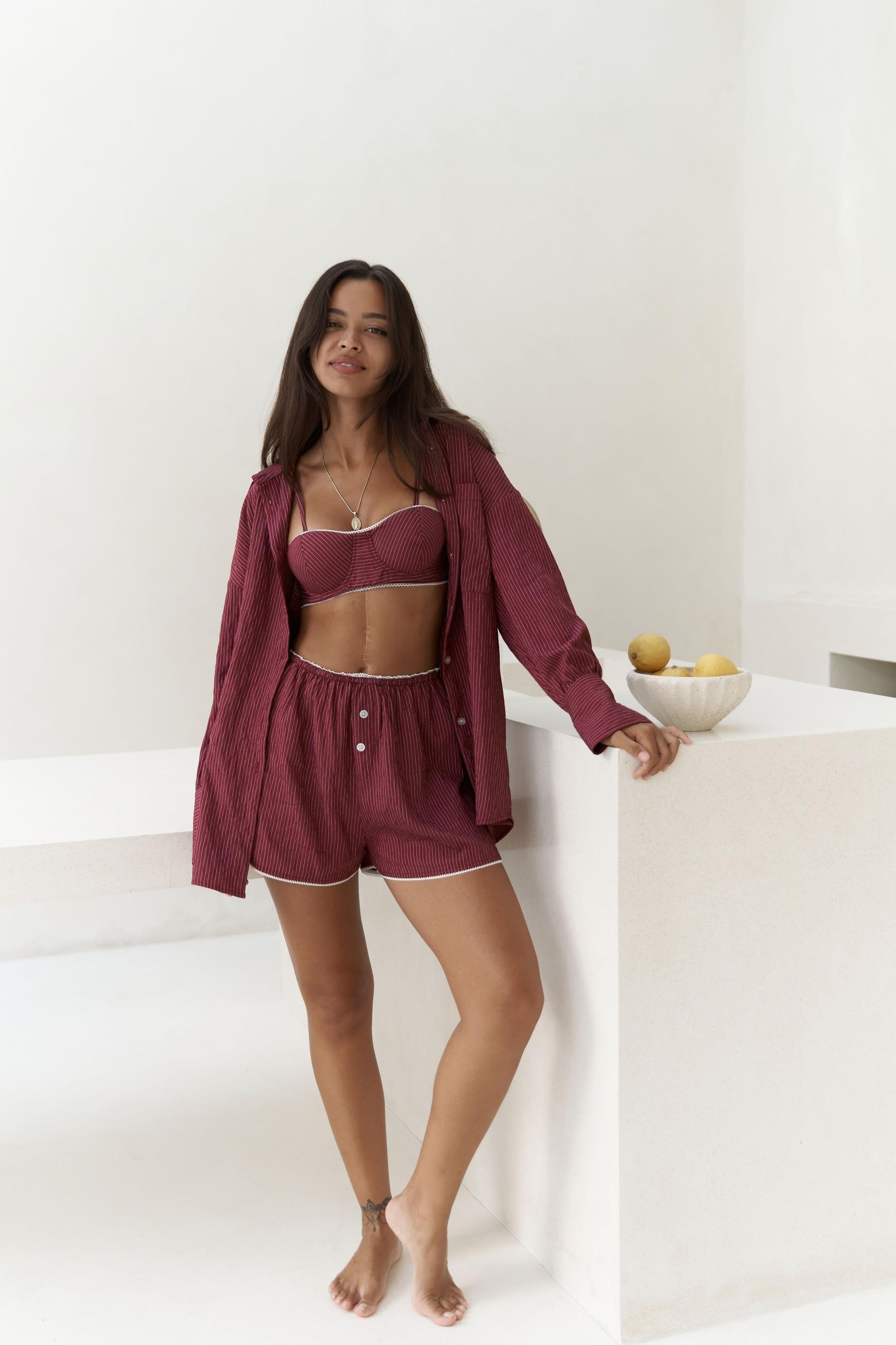 Leda Dantel Detay Şortlu Bordo Üçlü Takım