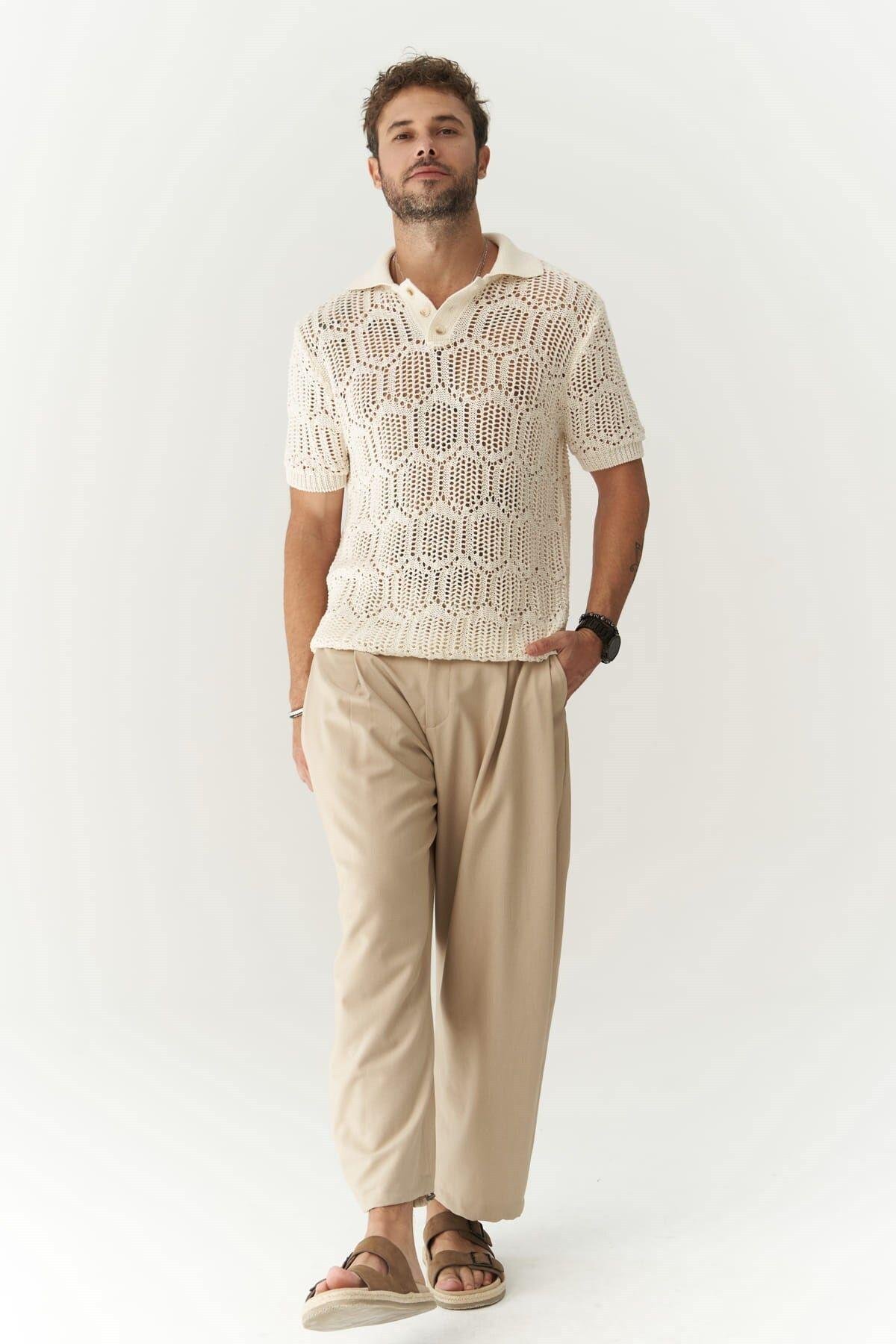 Leonard Erkek Düğme Detay Ekru Triko T-Shirt