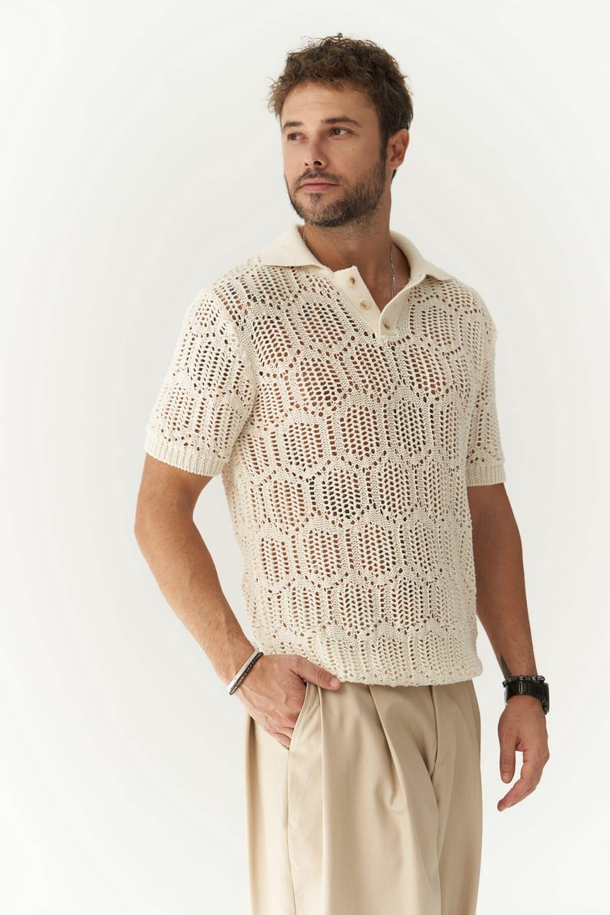 Leonard Erkek Düğme Detay Ekru Triko T-Shirt