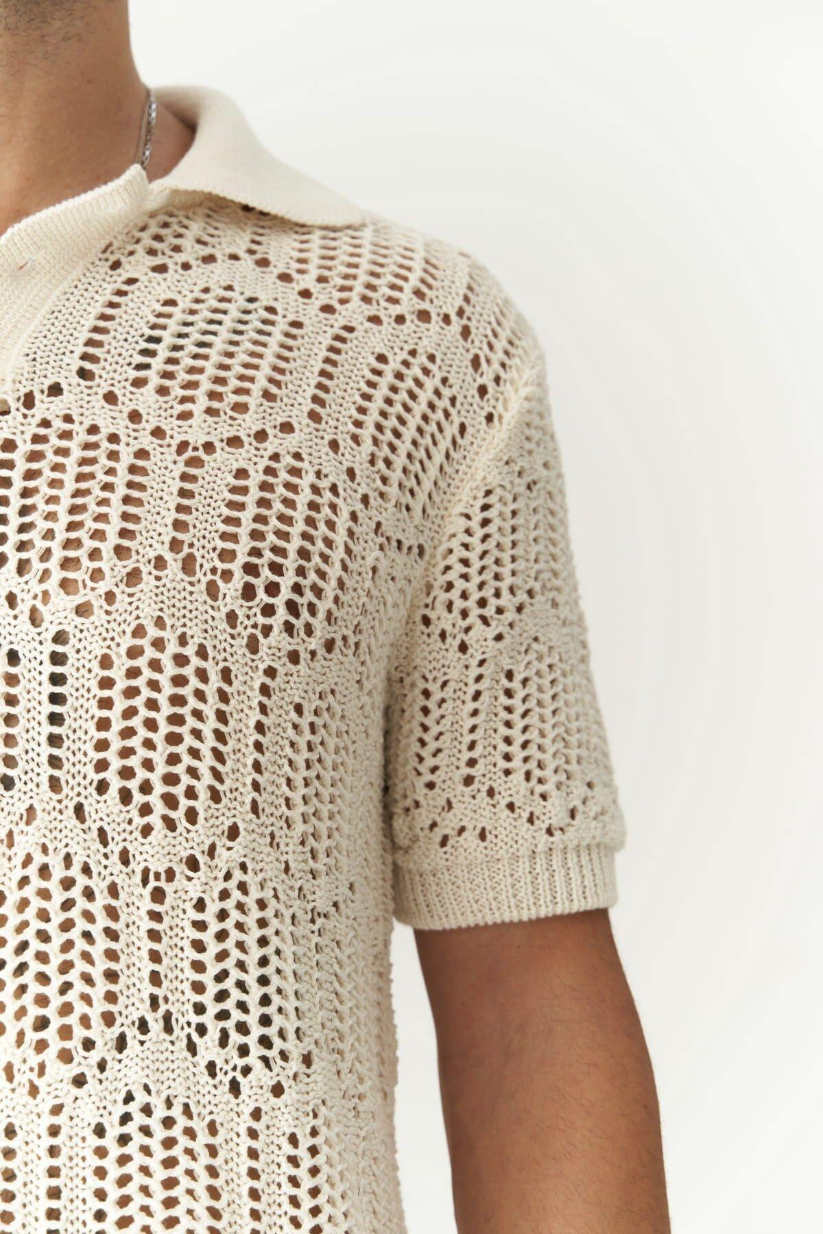 Leonard Erkek Düğme Detay Ekru Triko T-Shirt