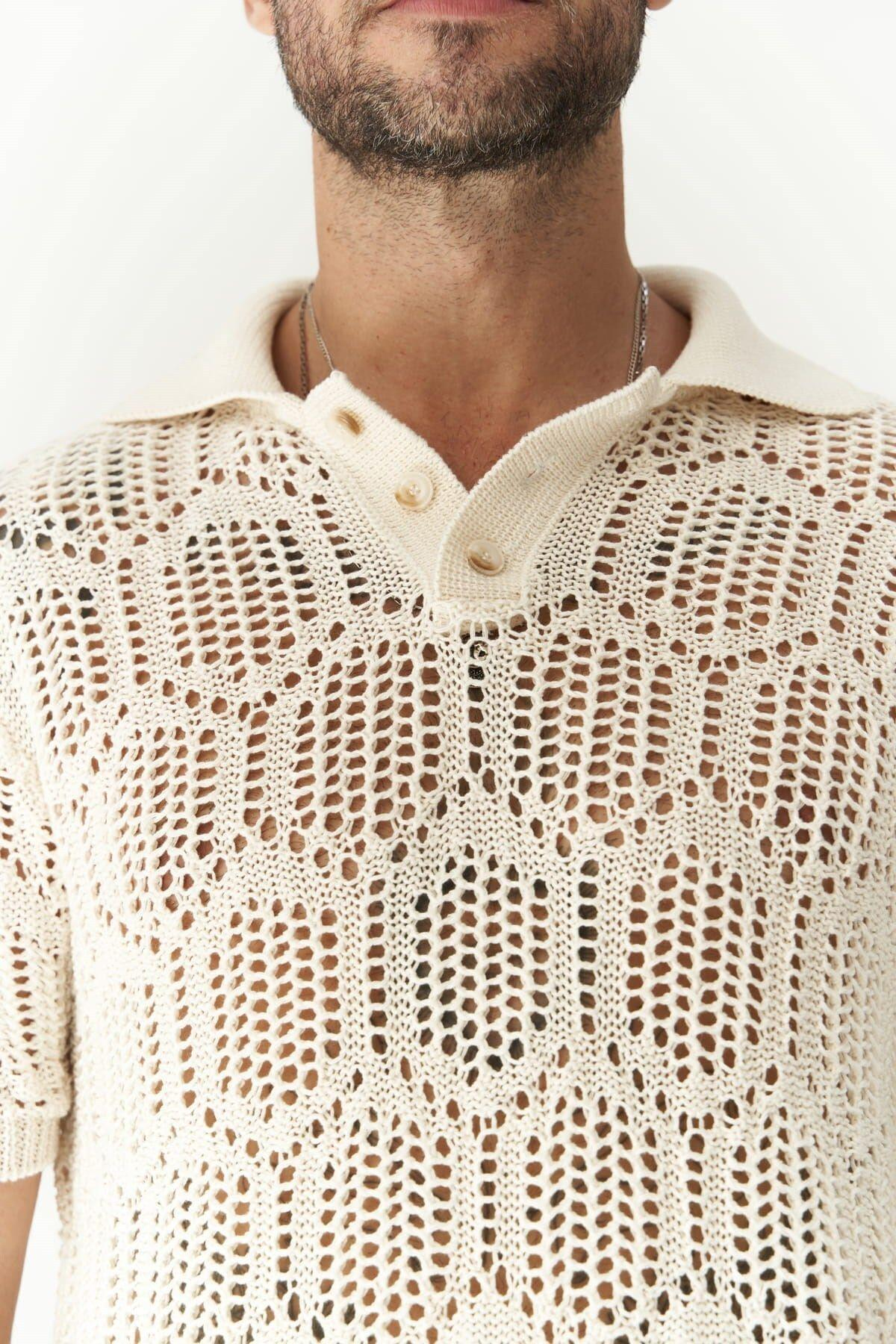 Leonard Erkek Düğme Detay Ekru Triko T-Shirt