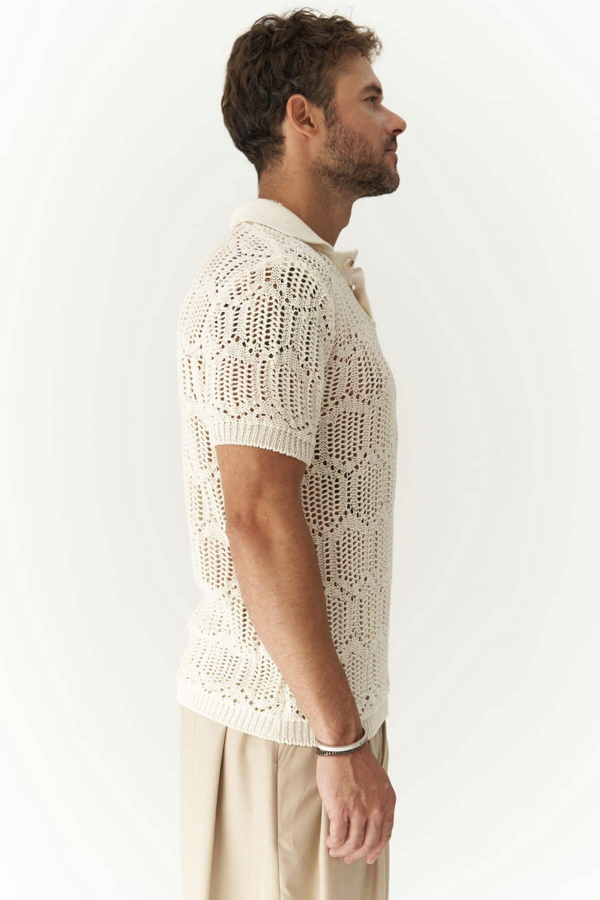 Leonard Erkek Düğme Detay Ekru Triko T-Shirt