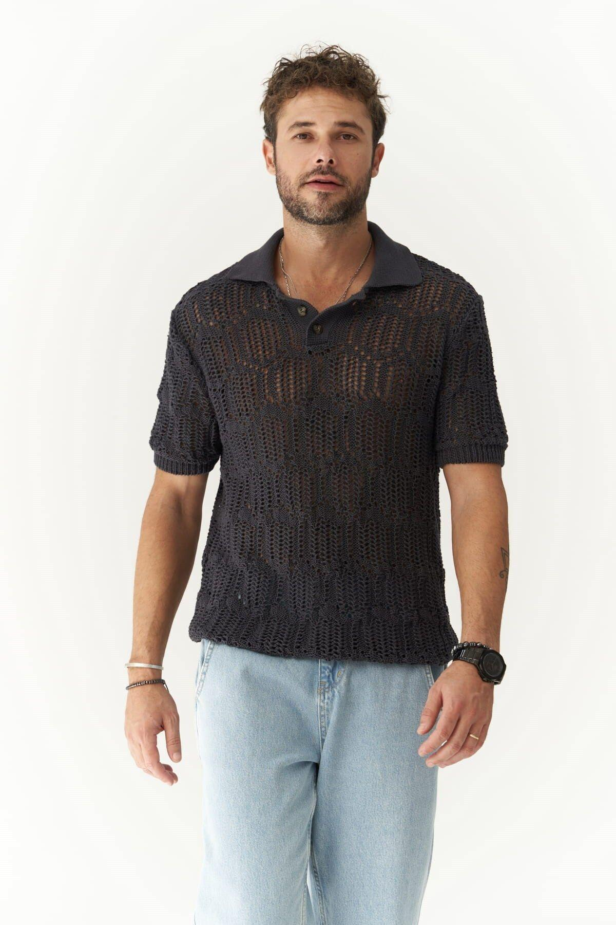 Leonard Erkek Düğme Detay Füme Triko T-Shirt