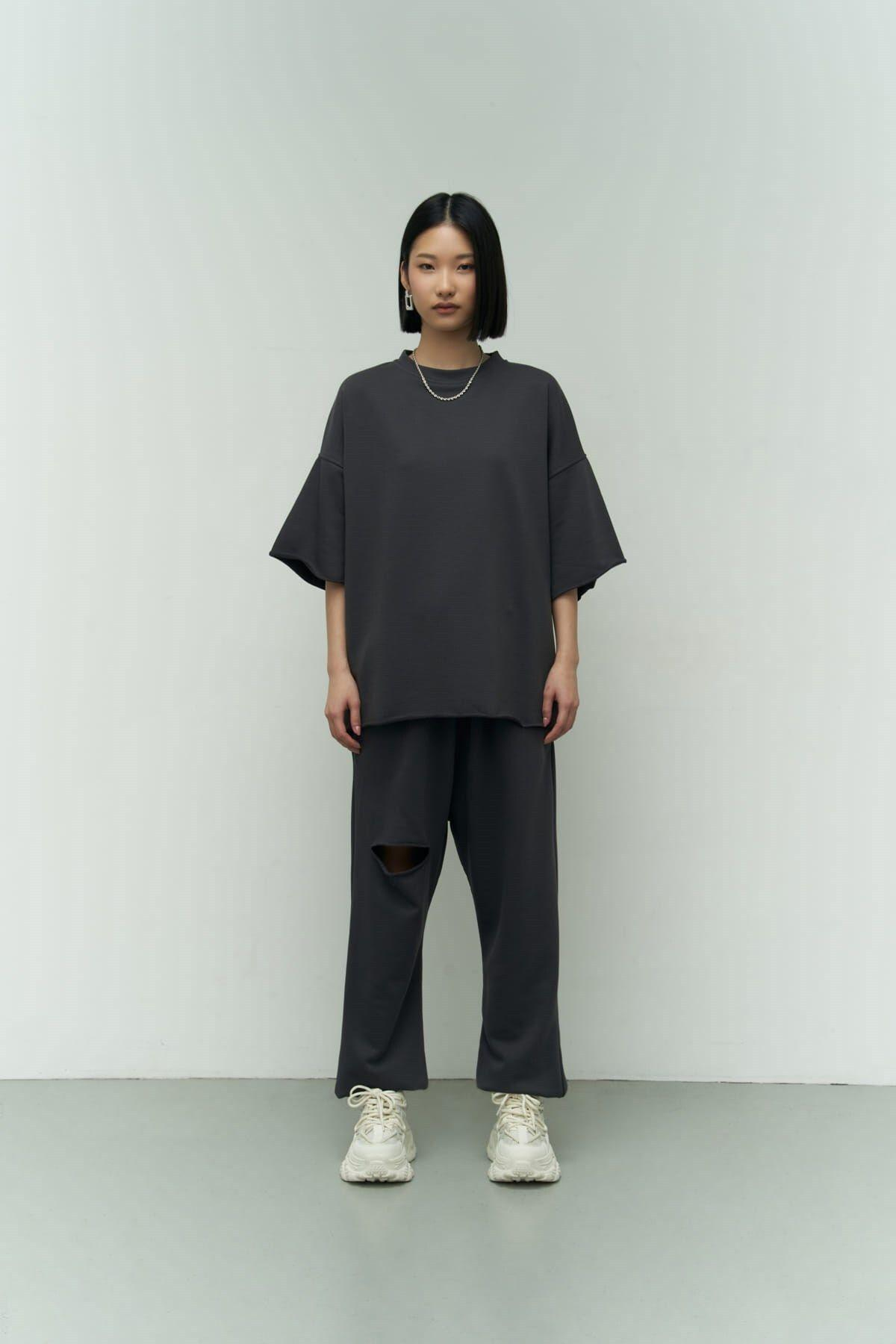 Lion Antrasit Oversize T-shirt Yırtıklı Eşofman Takım