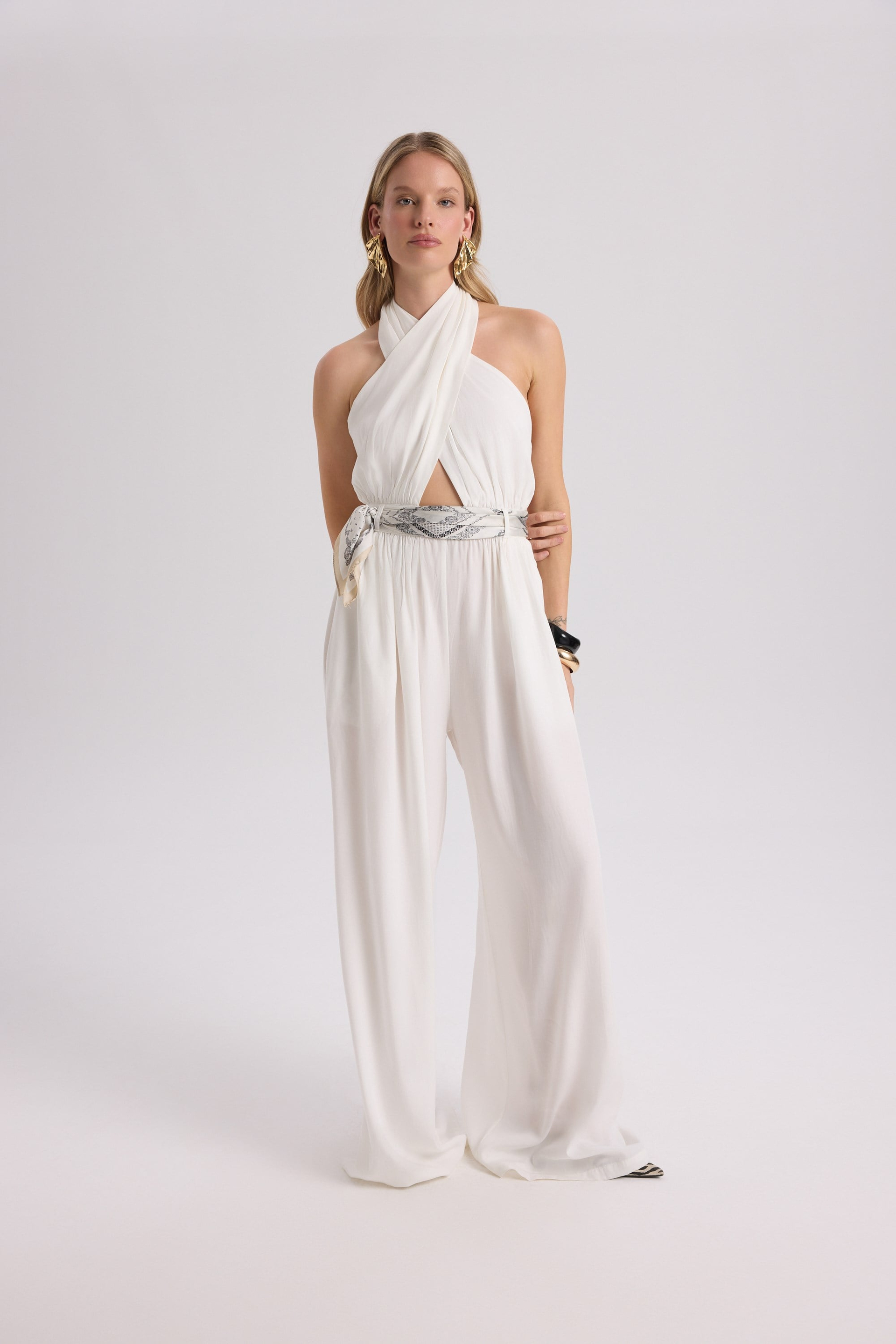 Lios Cut-Out Detail Ecru Long Jumpsuit