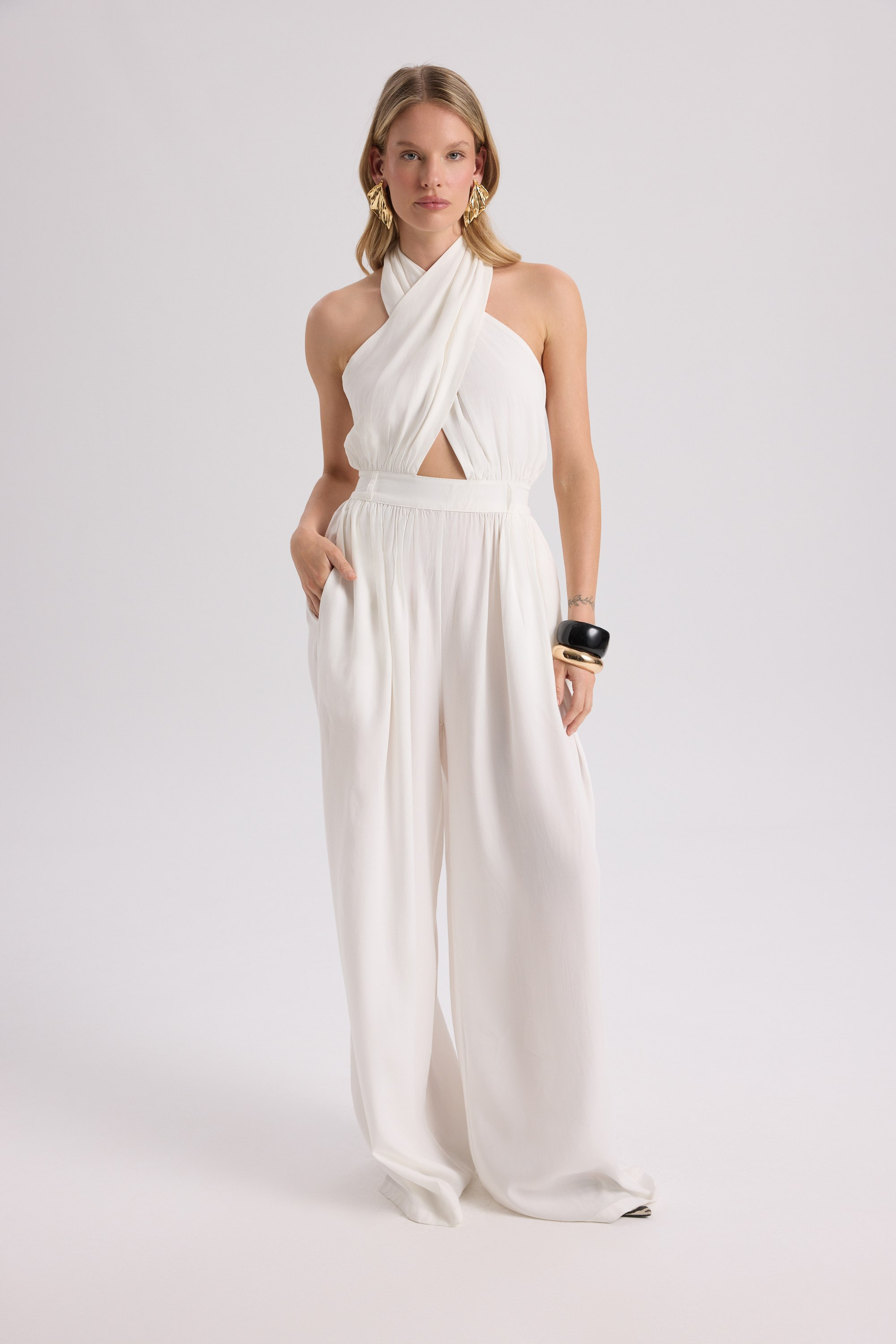 Lios Cut-Out Detail Ecru Long Jumpsuit