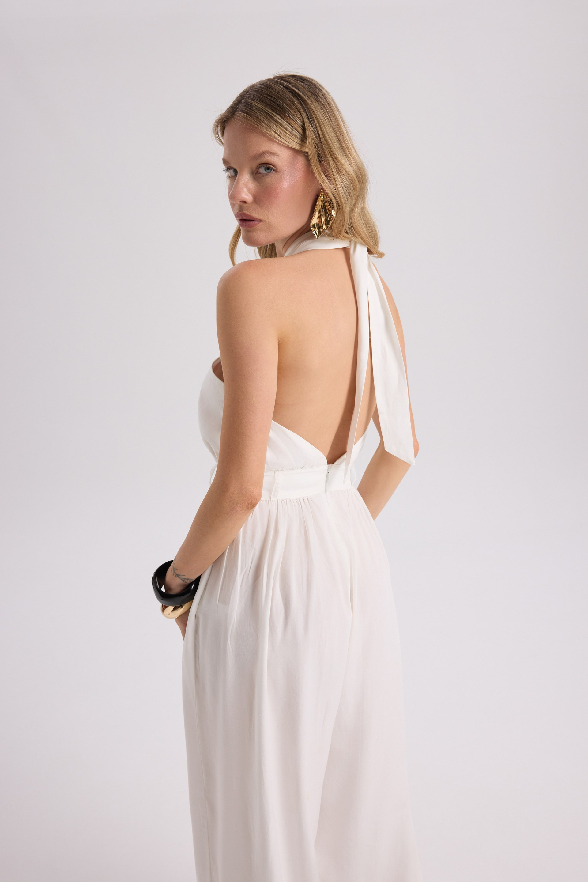 Lios Cut-Out Detail Ecru Long Jumpsuit