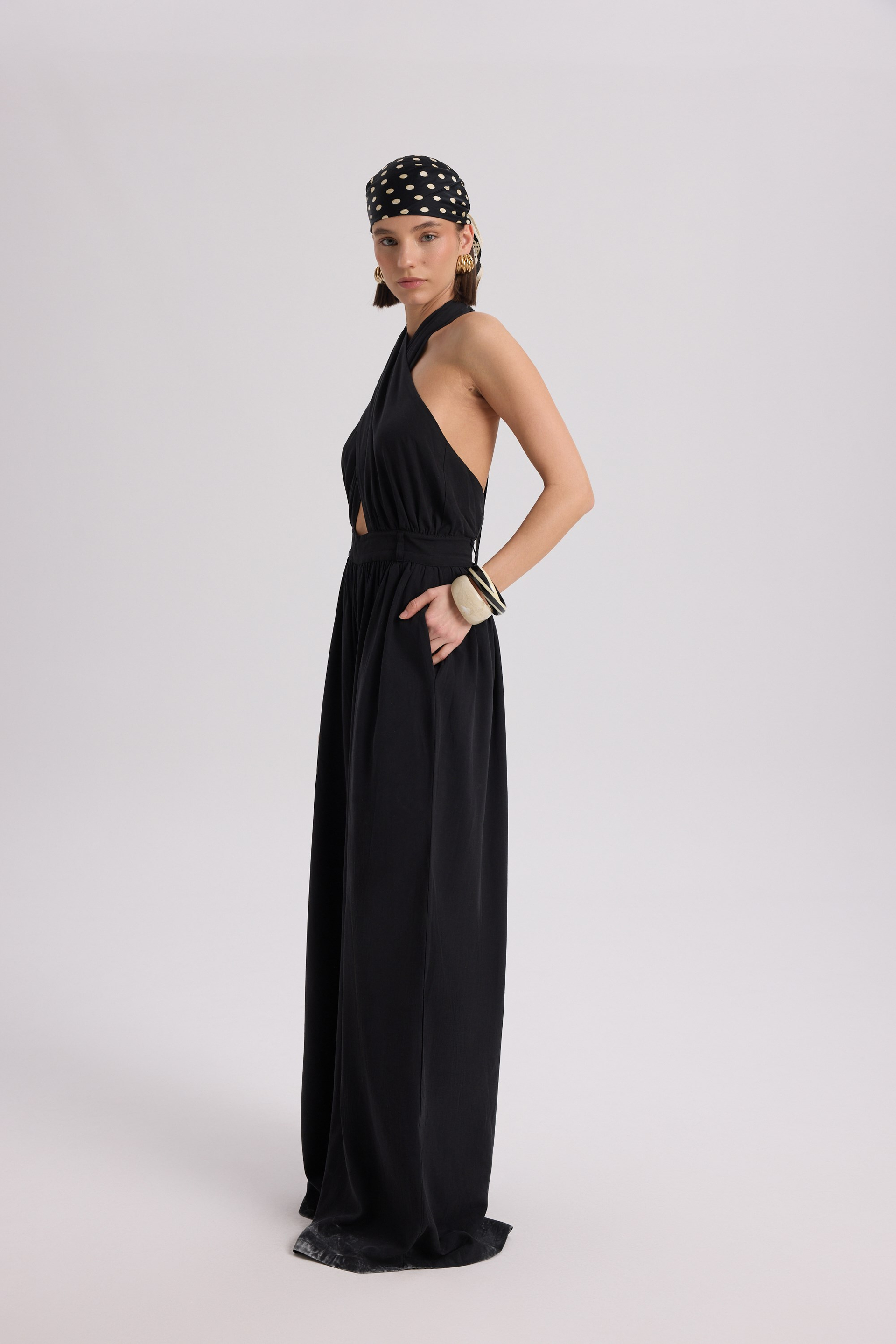 Lios Cut-Out Detail Black Long Jumpsuit