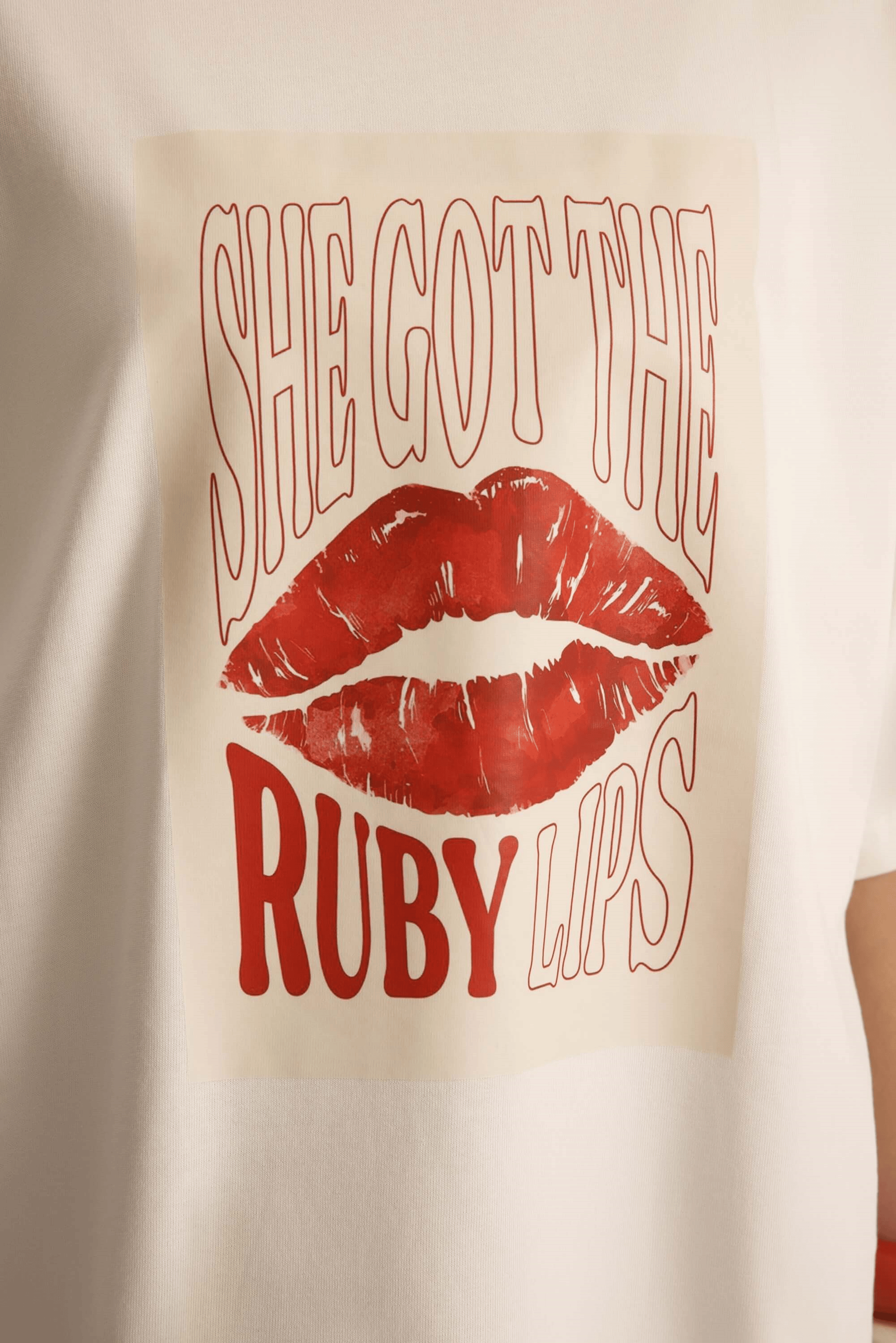 Lip Print Oversize Beyaz T-Shirt