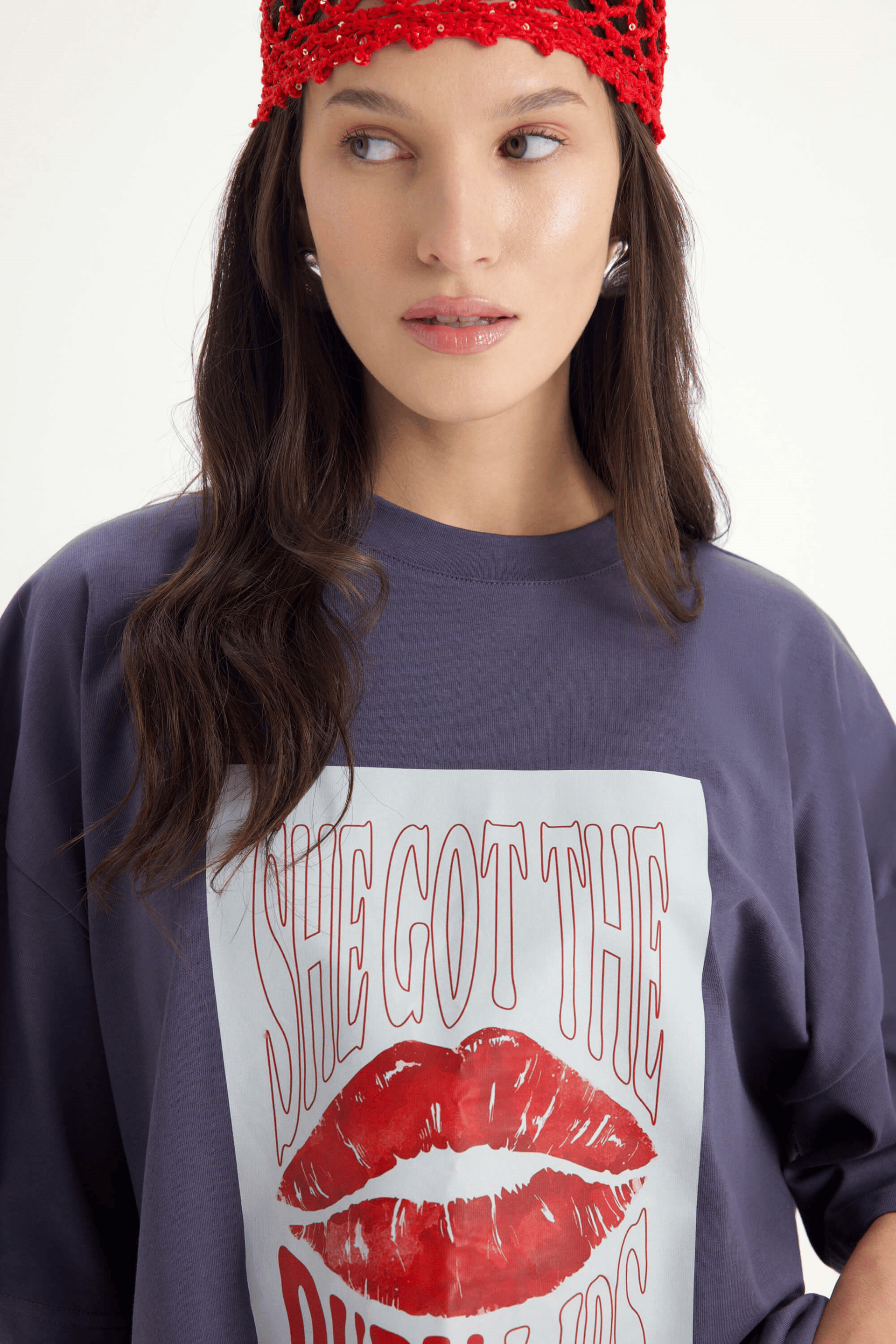 Lip Print Oversize Füme T-Shirt