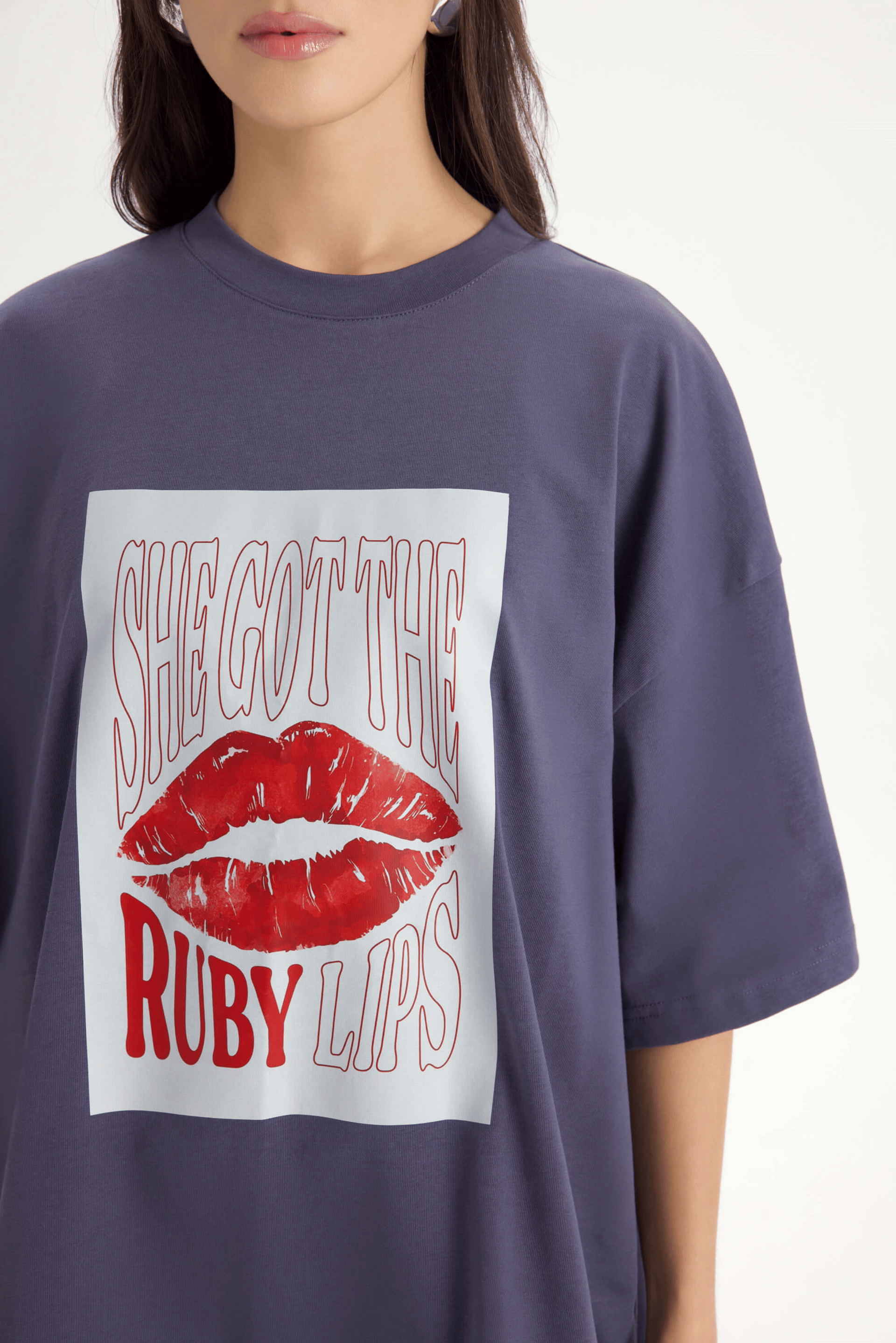 Lip Print Oversize Füme T-Shirt