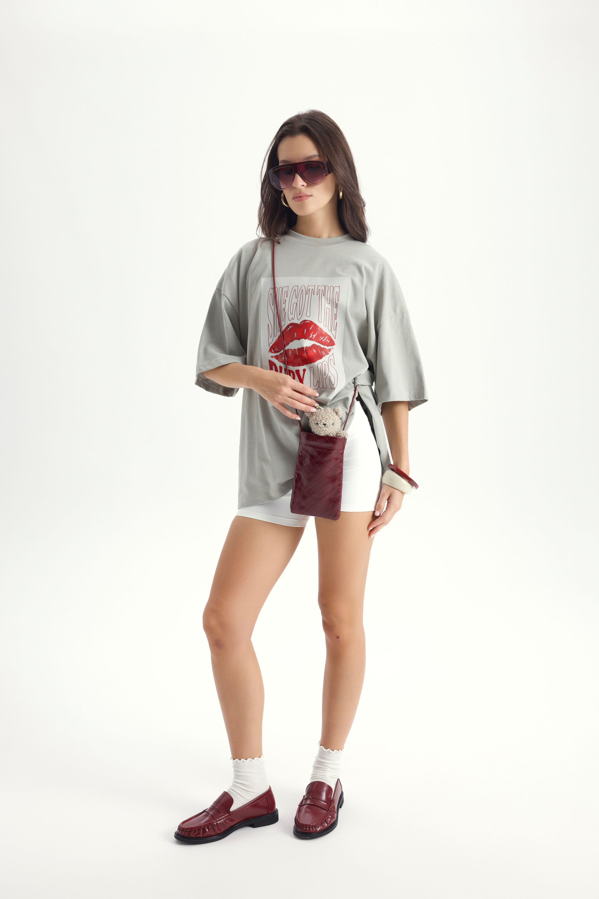 Lip Print Oversize Gri T-Shirt