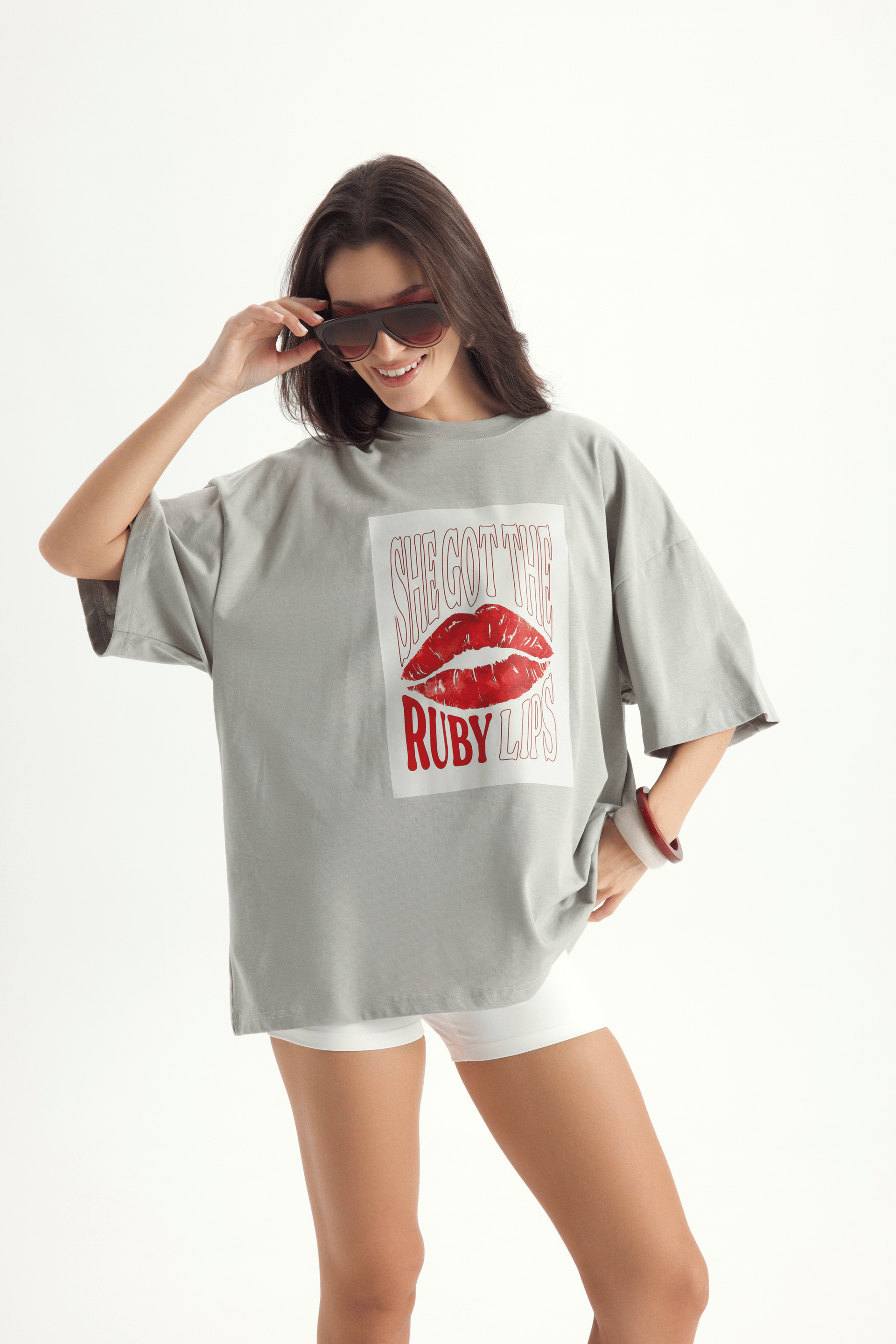 Lip Print Oversize Gri T-Shirt