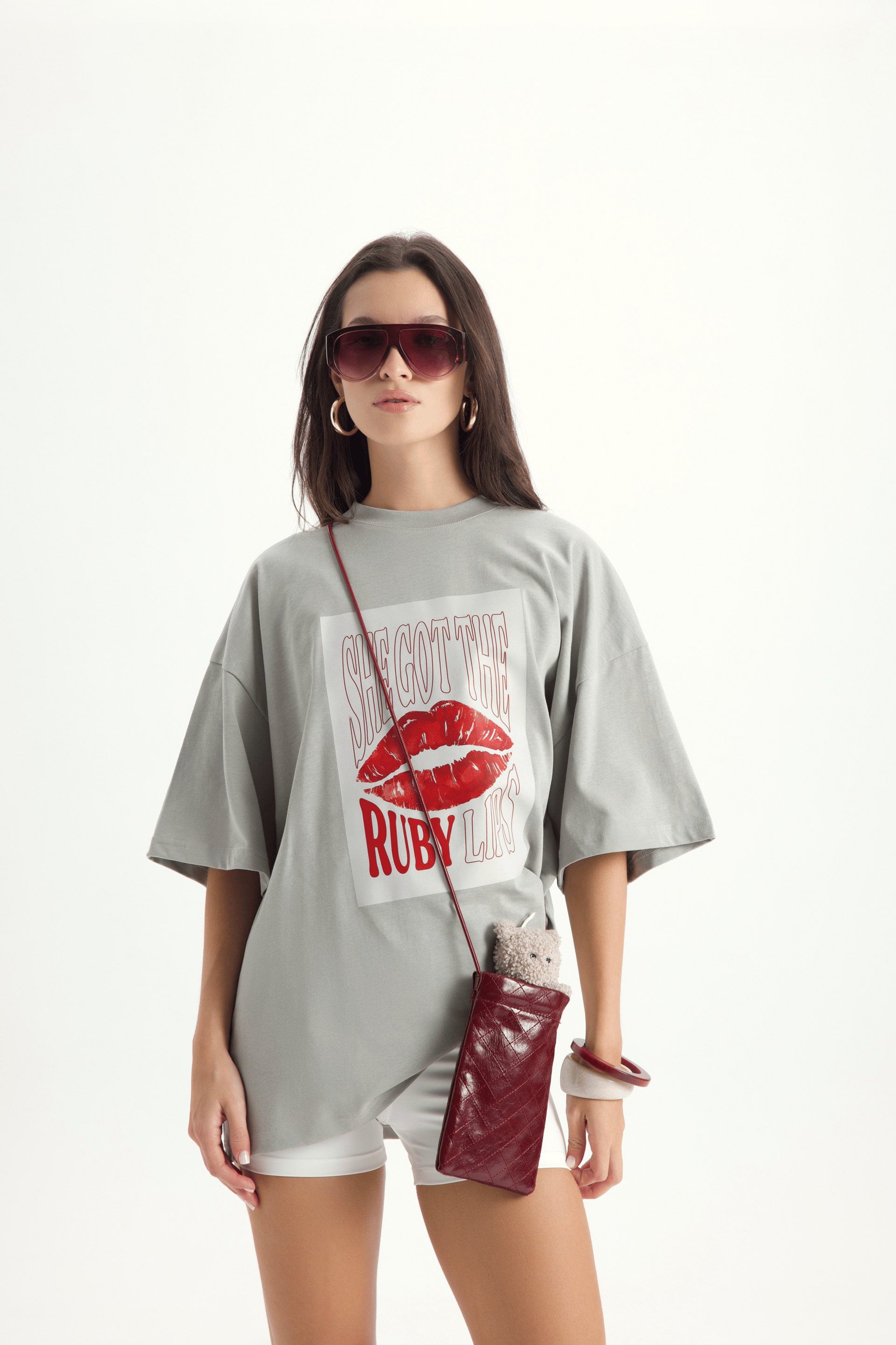 Lip Print Oversize Gri T-Shirt