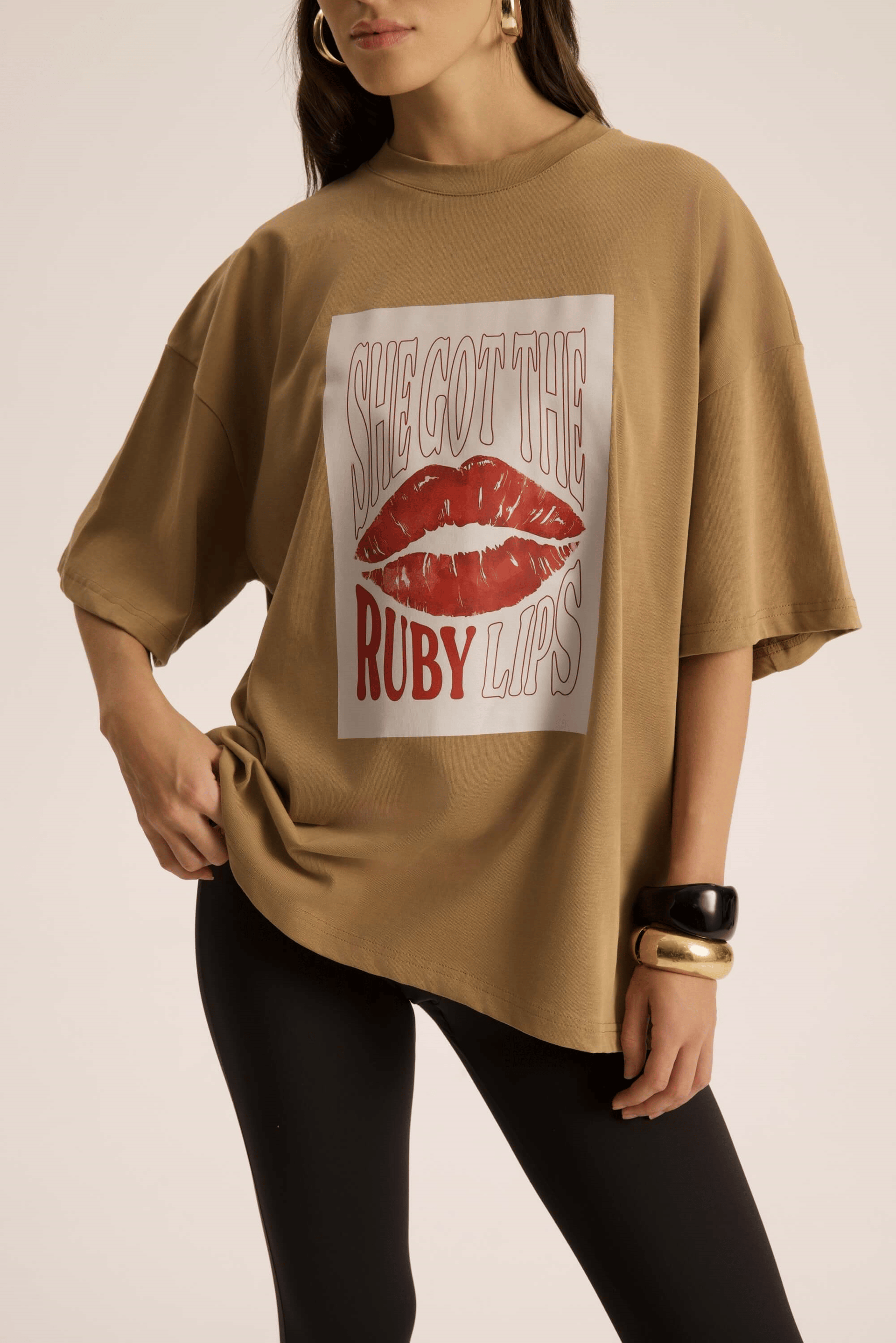 Lip Print Oversize Haki T-Shirt