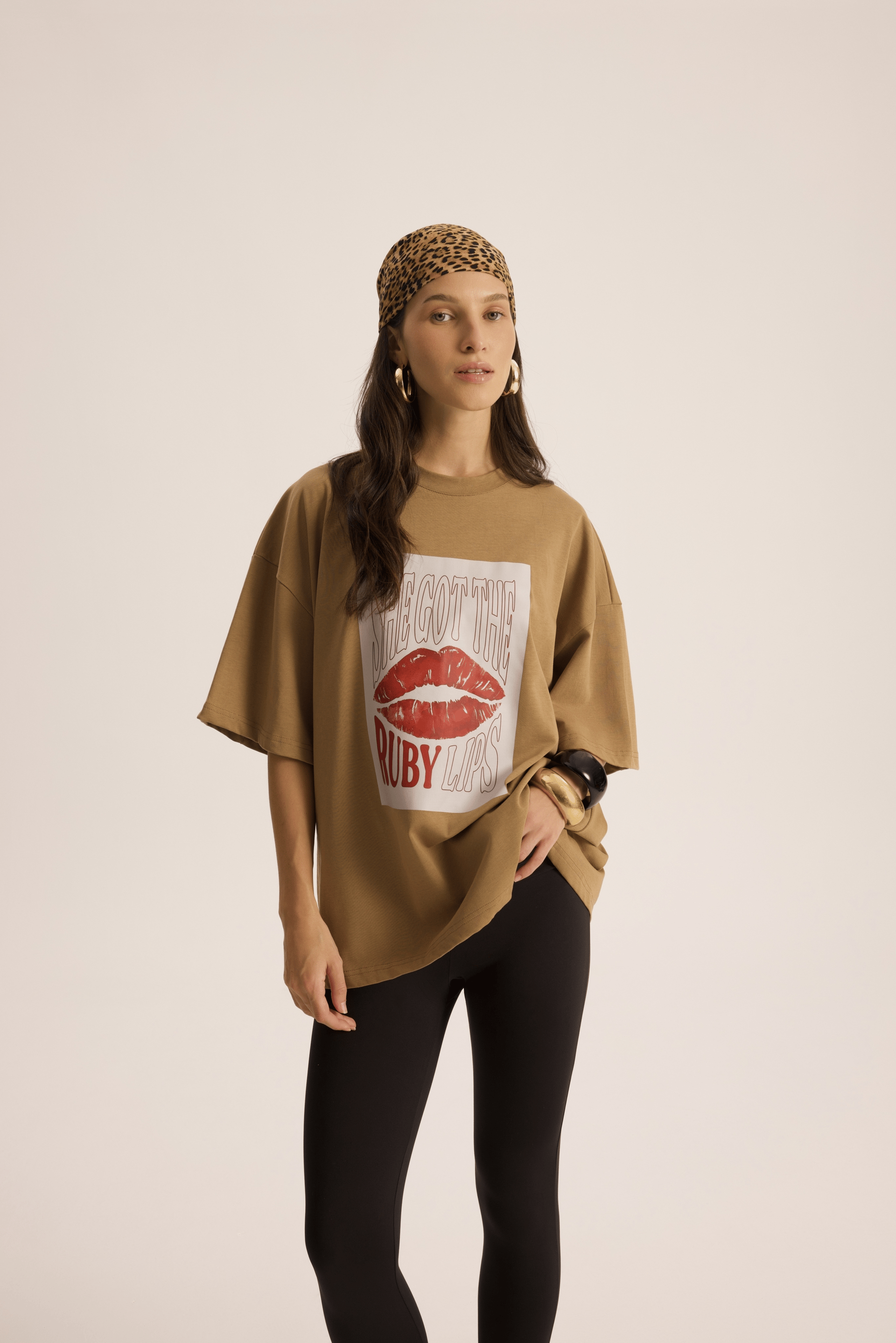 Lip Print Oversize Haki T-Shirt