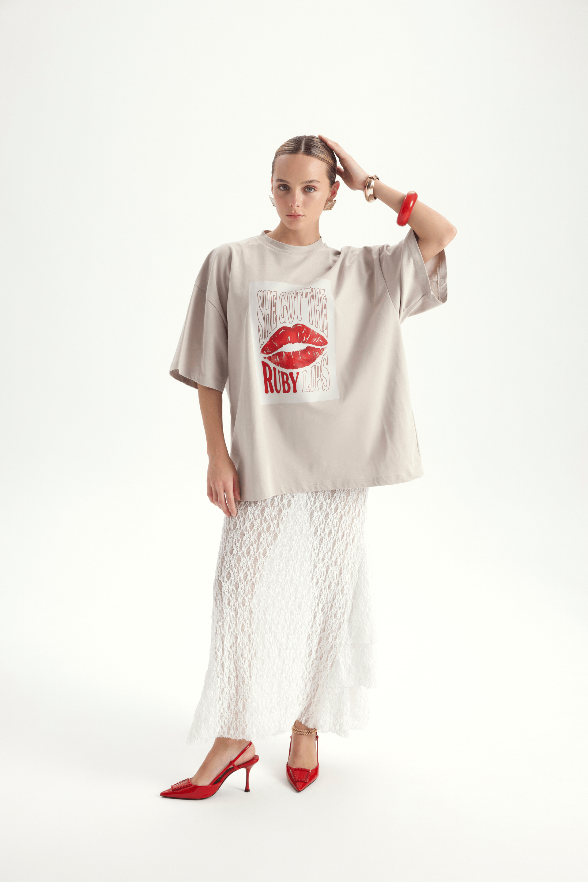 Lip Print Oversize Taş T-Shirt