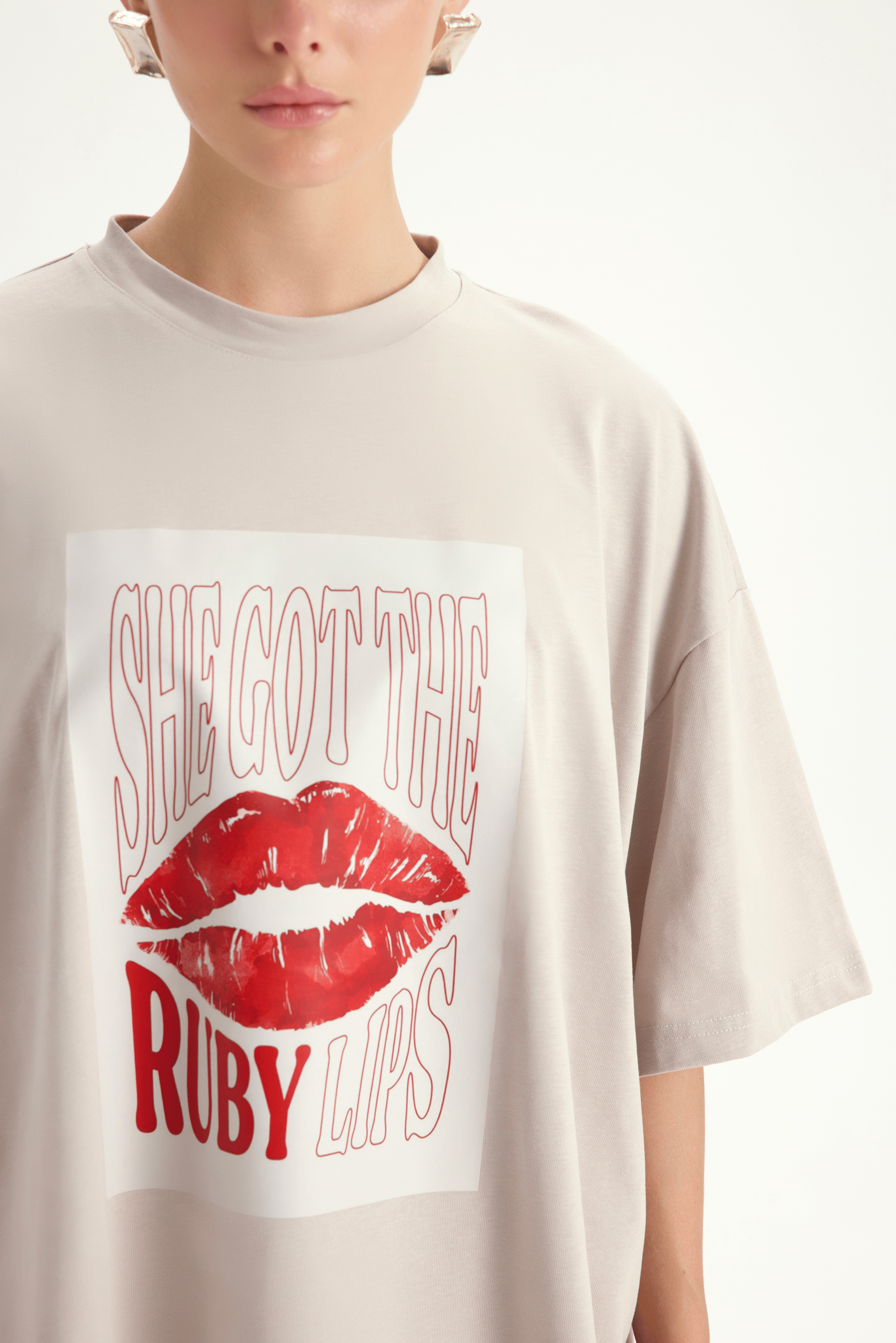 Lip Print Oversize Taş T-Shirt