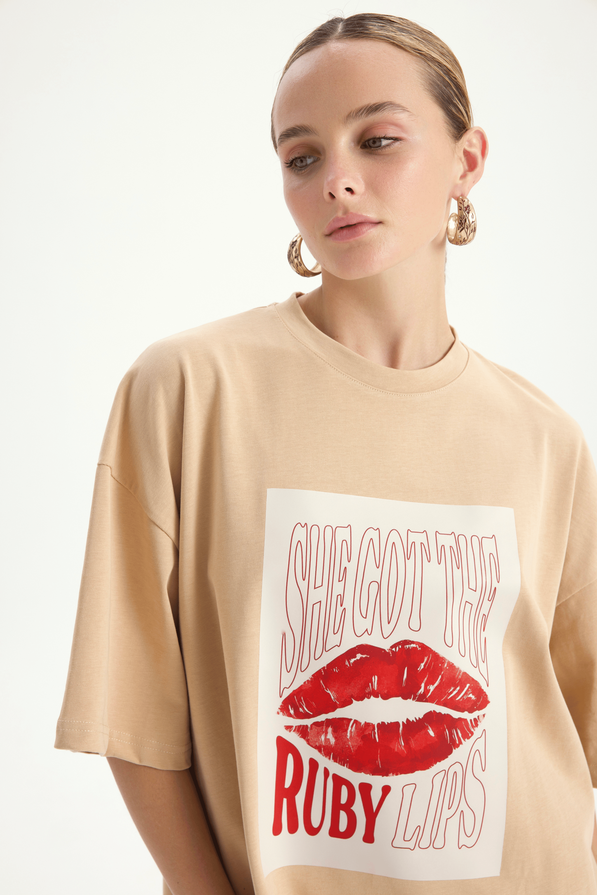 Lip Print Oversize Vizon T-Shirt