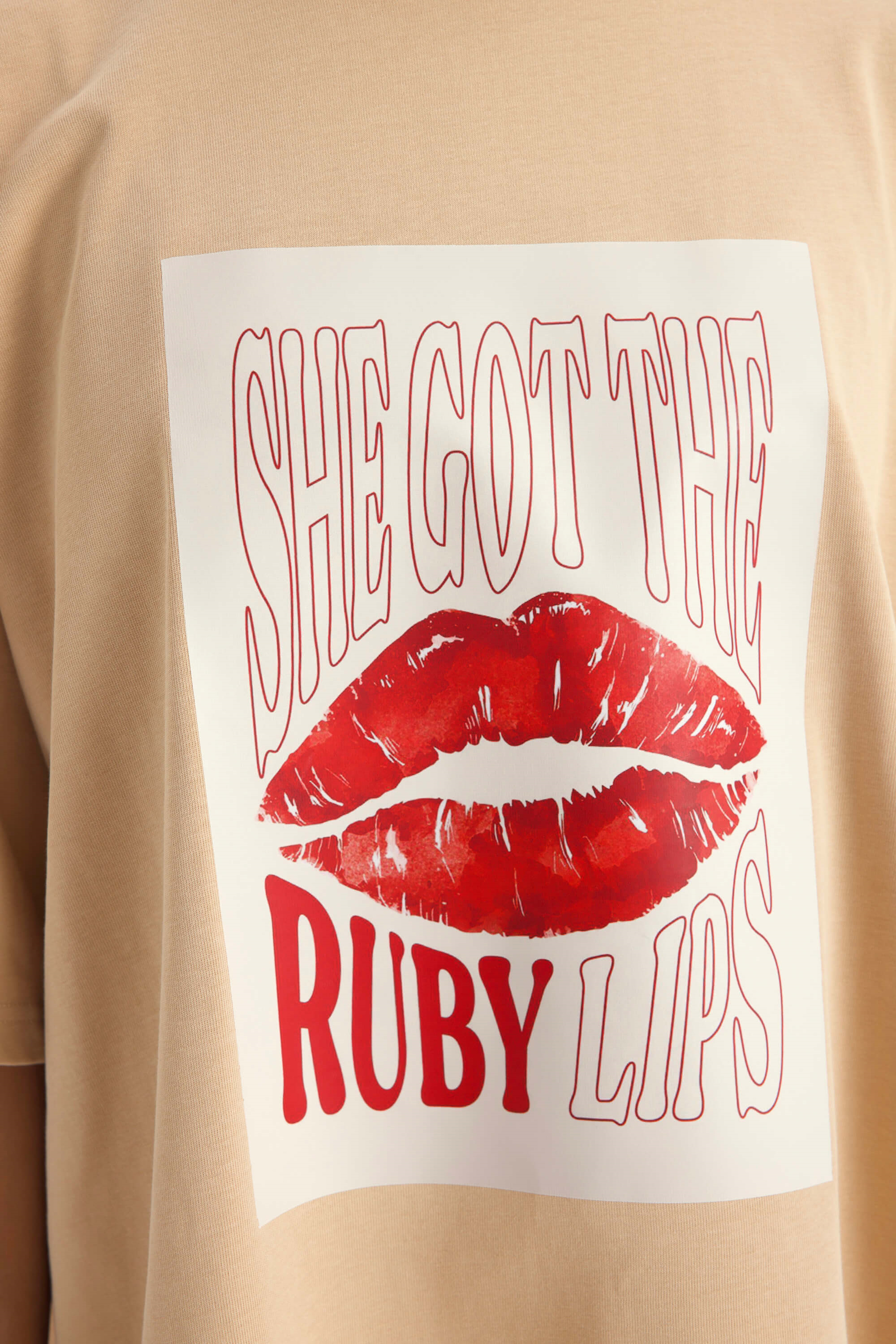 Lip Print Oversize Vizon T-Shirt