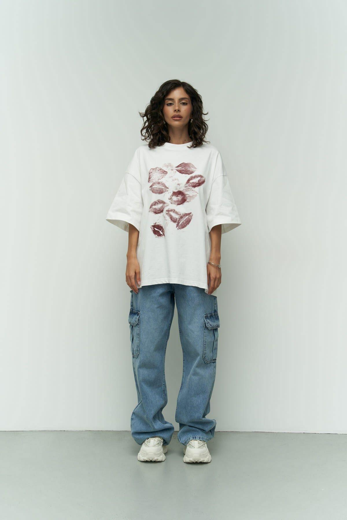 Lips Beyaz Oversize T-shirt
