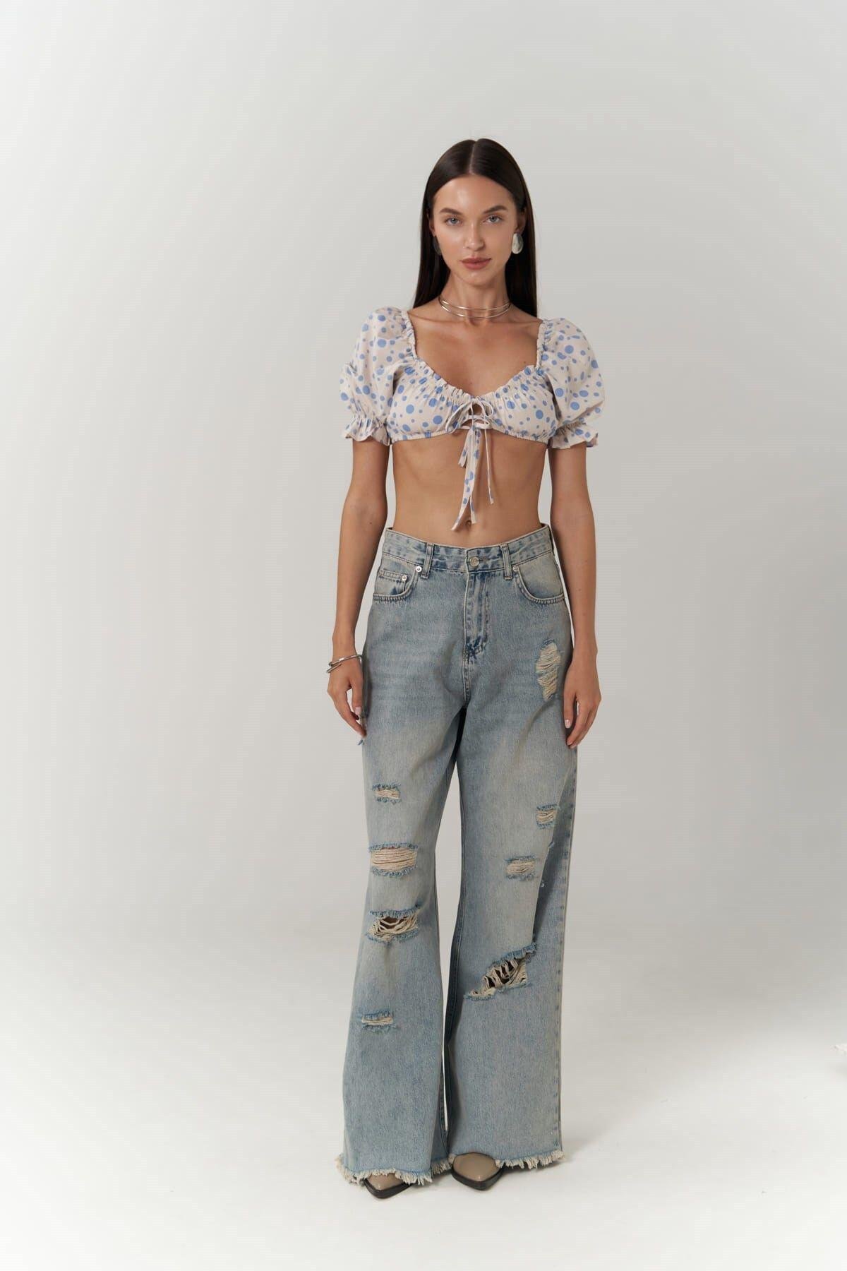 Lisa Mavi Puantiyeli Crop