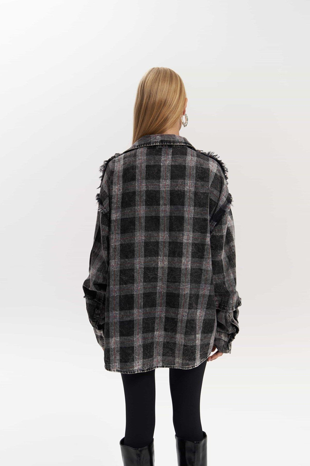 Loma Washed Oversized Unisex Anthracite Check Shirt