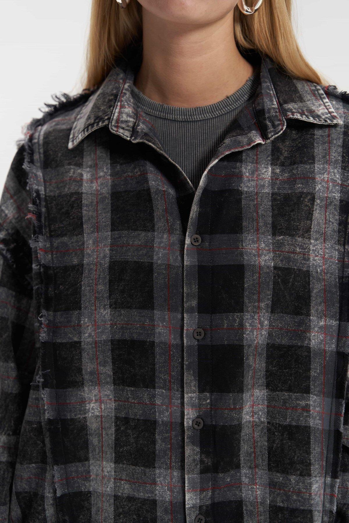 Loma Washed Oversized Unisex Anthracite Check Shirt