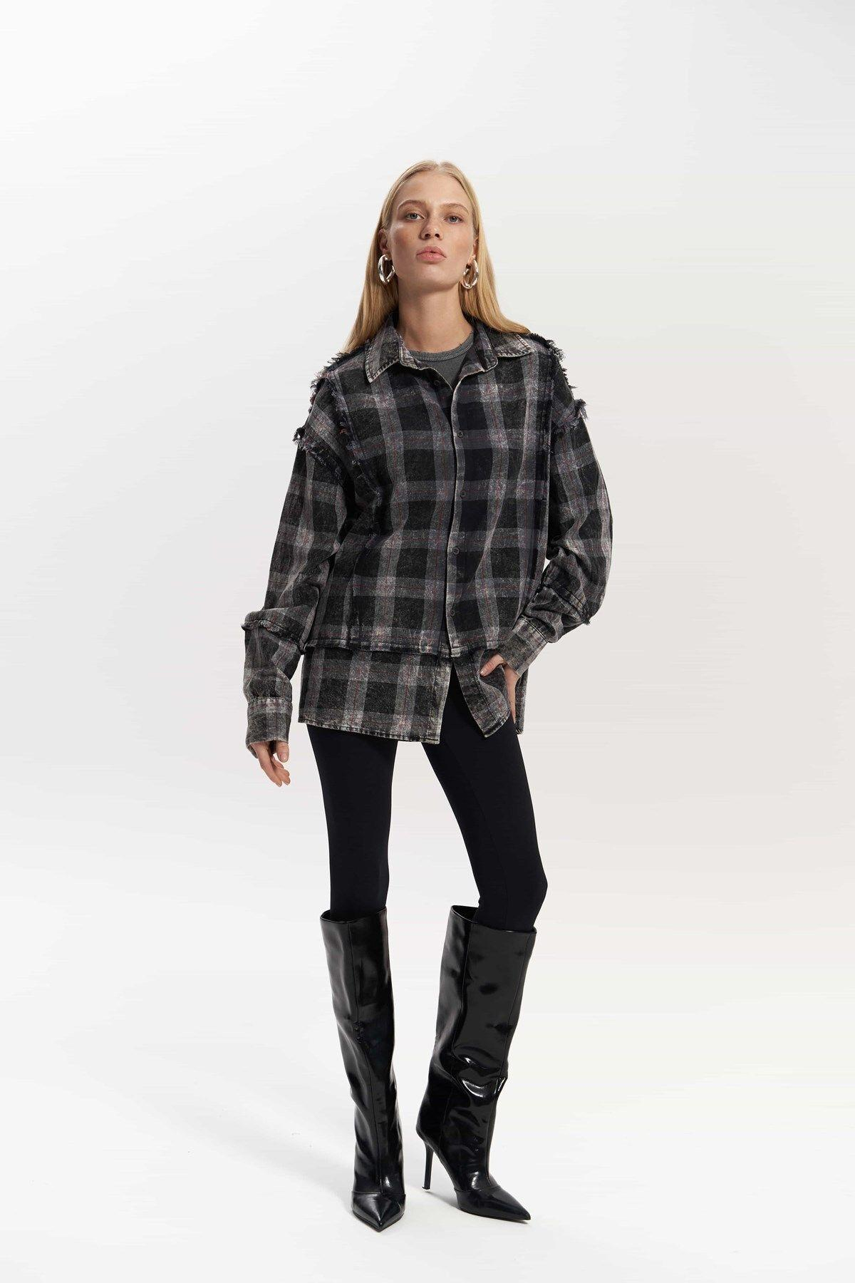Loma Washed Oversized Unisex Anthracite Check Shirt