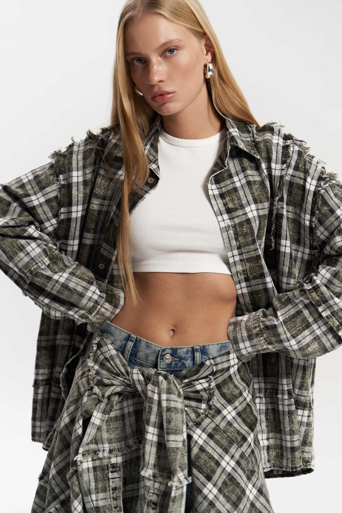 Loma Washed Oversized Unisex Khaki Check Shirt