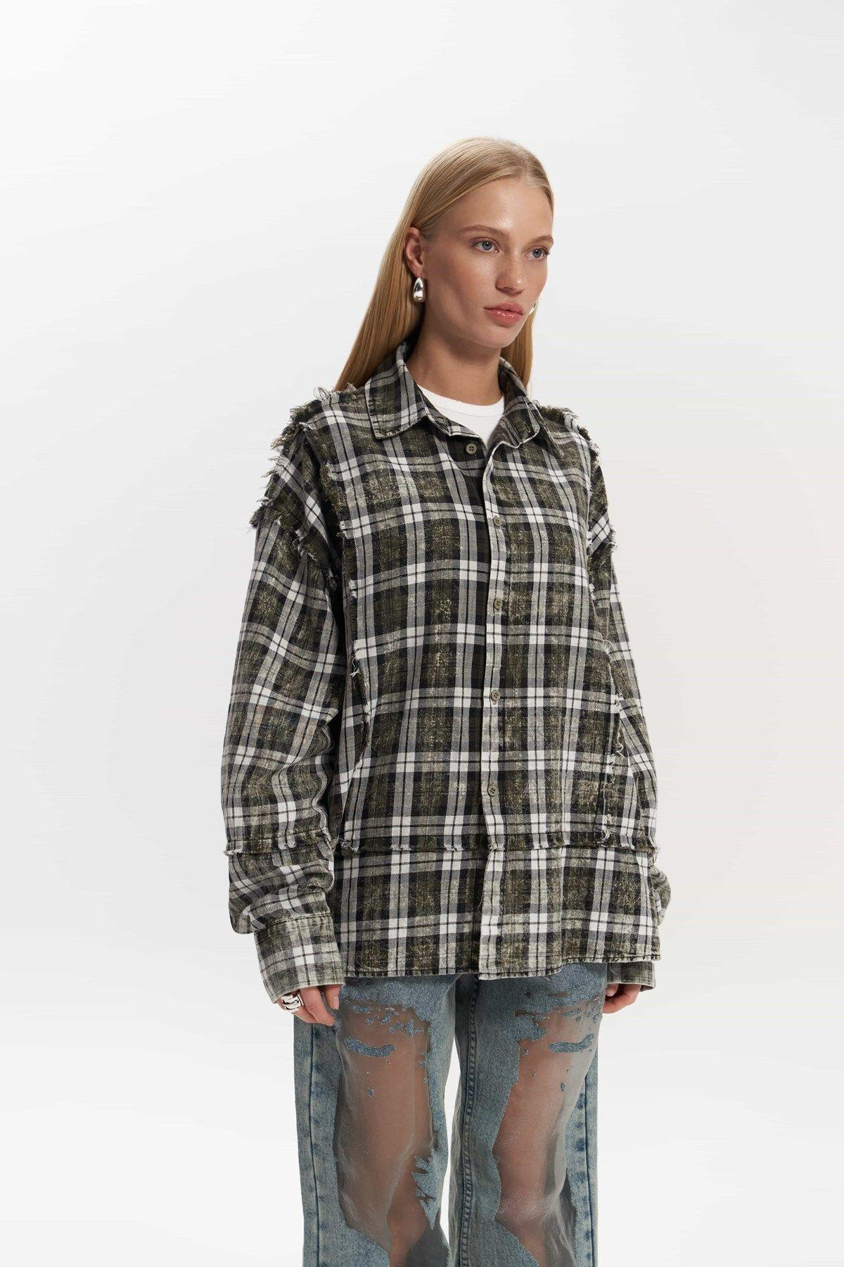 Loma Washed Oversized Unisex Khaki Check Shirt